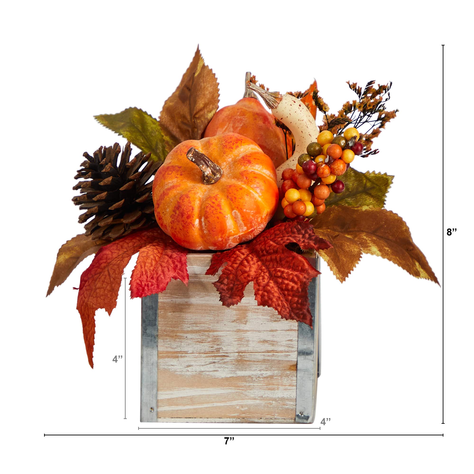 8" Pumpkin, Gourd, Berries & Pinecones Autumn Arrangement In Natural Washed Vase