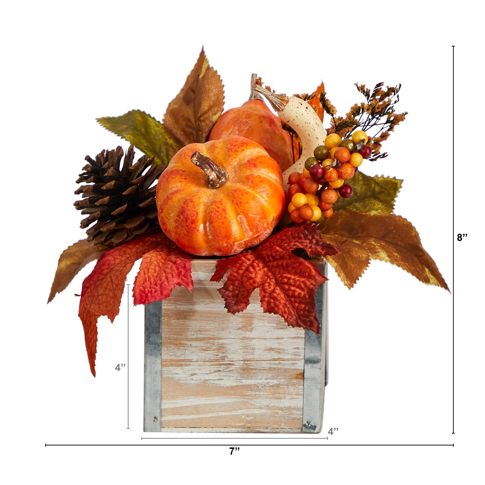 8&#x22; Pumpkin, Gourd, Berries &#x26; Pinecones Autumn Arrangement In Natural Washed Vase