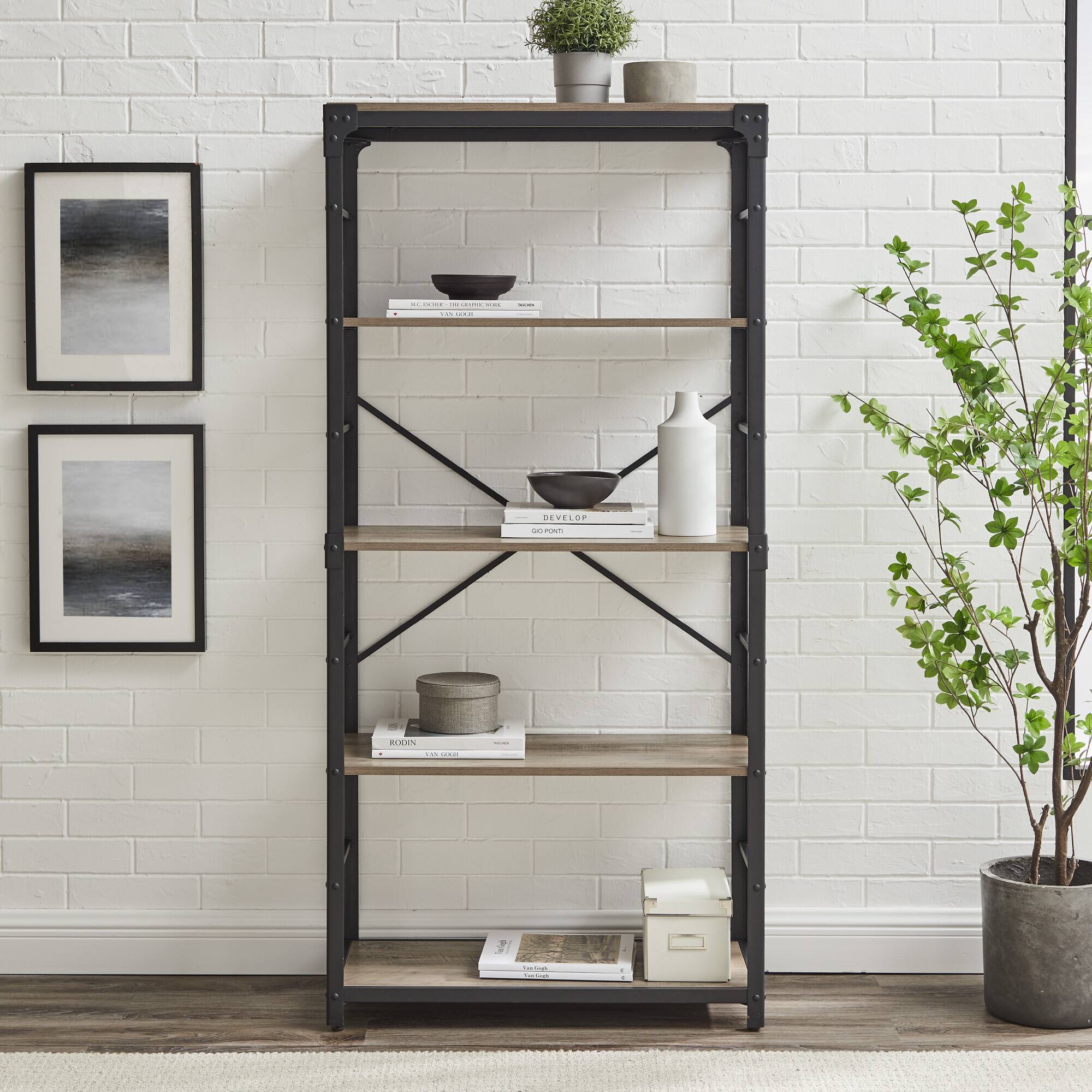 Walker Edison 64" Graywash Angle Iron Industrial Bookcase