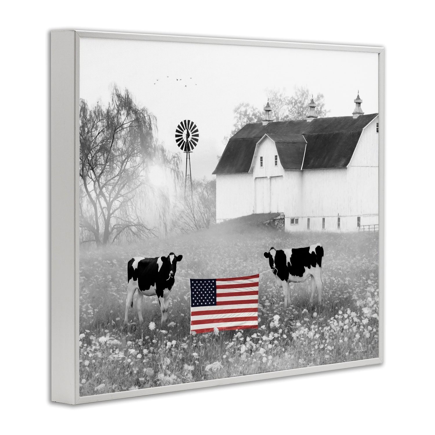 Stupell Industries Americana Barn Country Cows Flag Framed Giclee Art