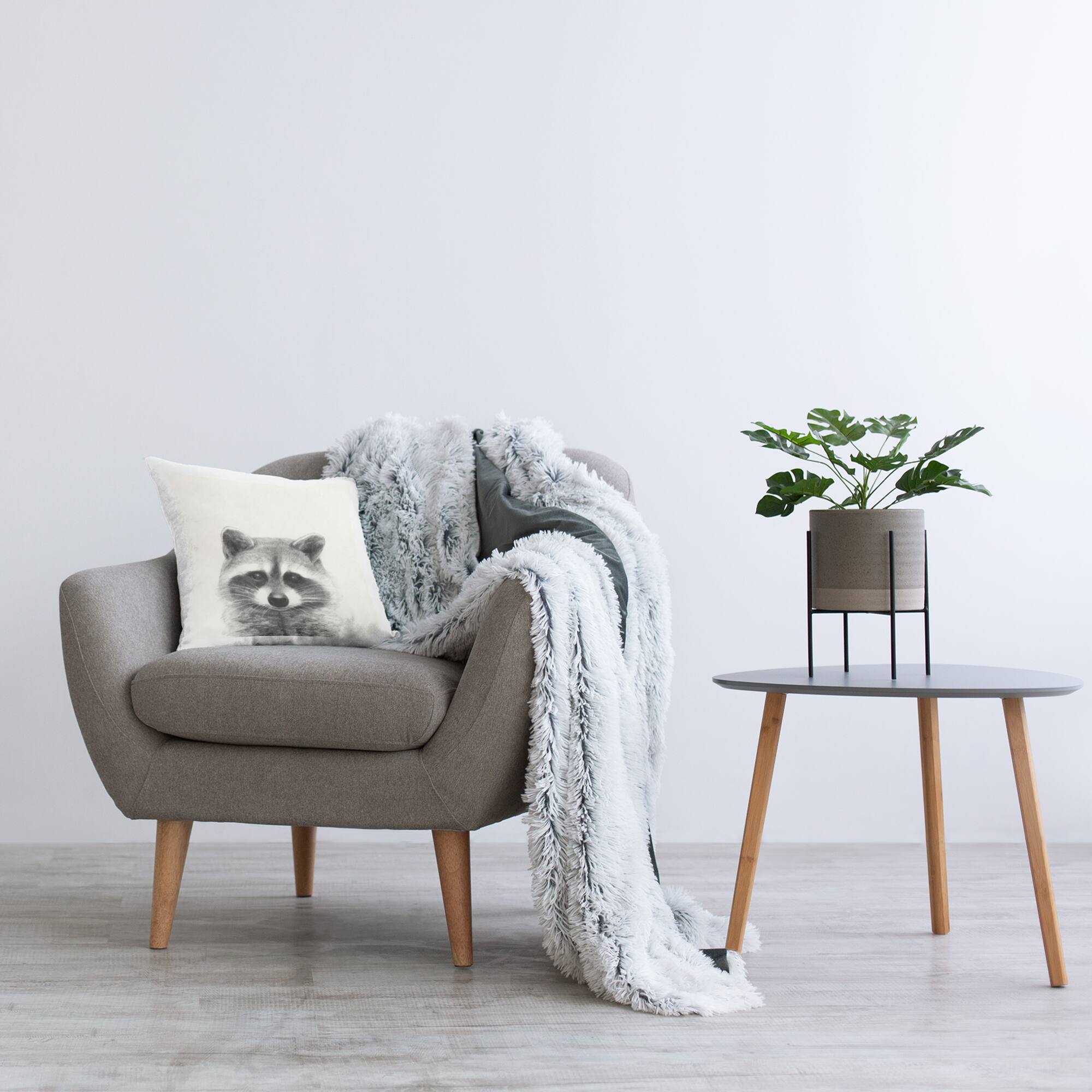 Stupell Industries Raccoon Portrait Soft Grey Illustration Throw Pillow 18" x 18"