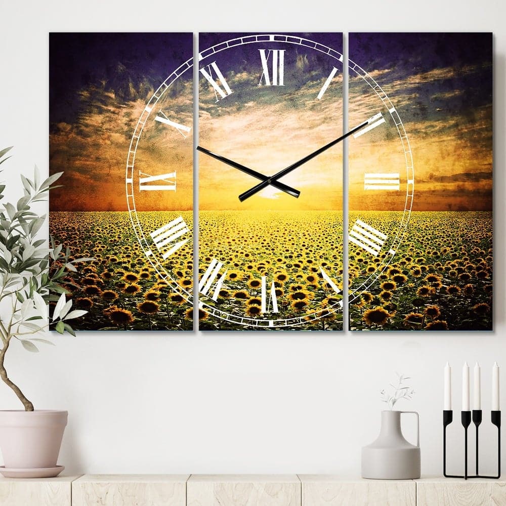 Designart Beauty Sunset Over Sunflowers Field Multipanel Wall Clock