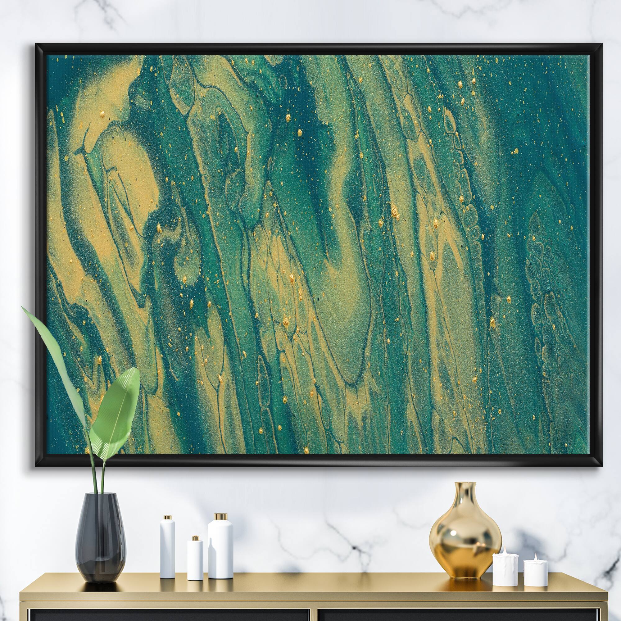 Designart - Emerald Green and Gold Marble - Glam Framed Canvas Wall Art Print