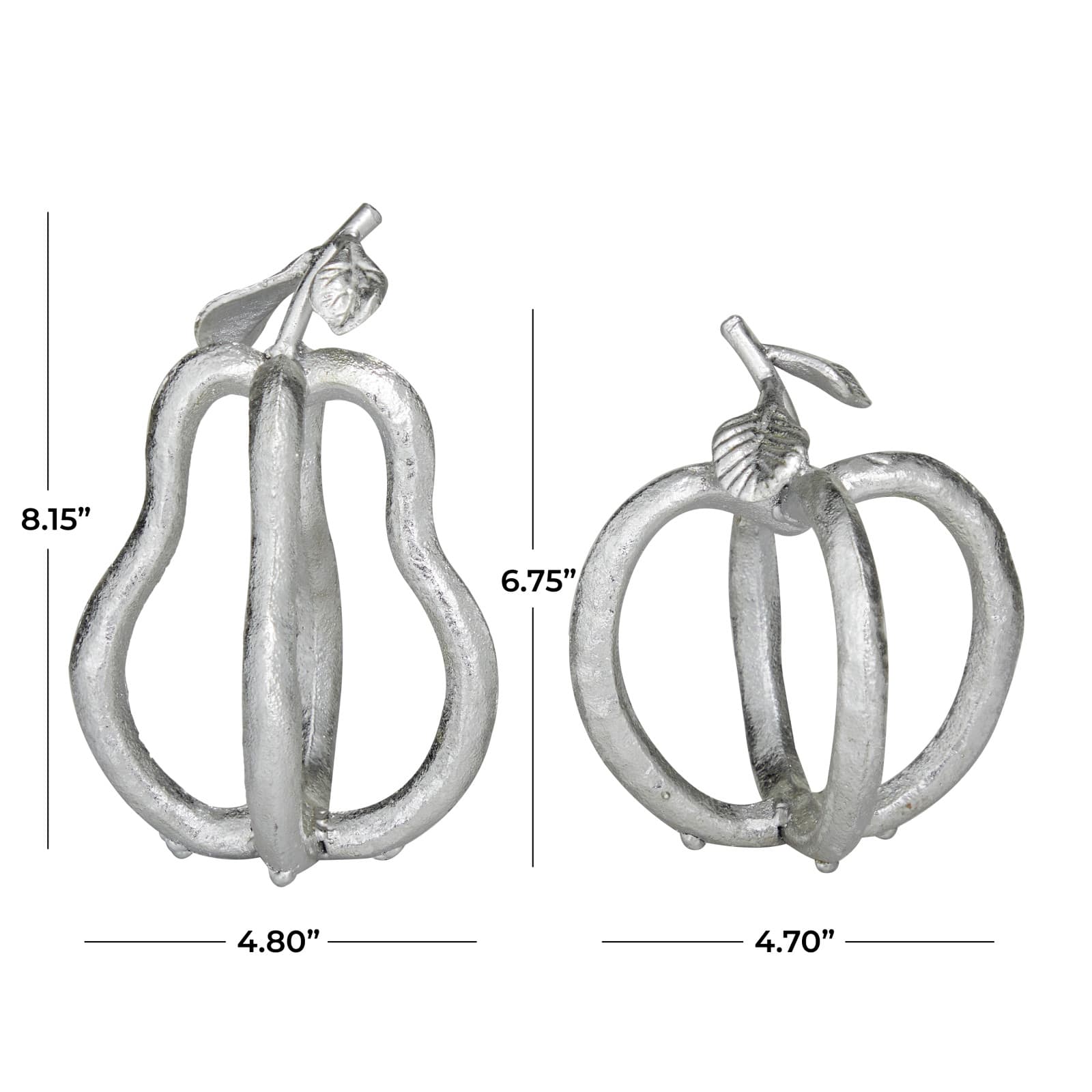 Set of 2 Silver Metal Eclectic Fruit Sculpture 8&#x22;, 7&#x22;