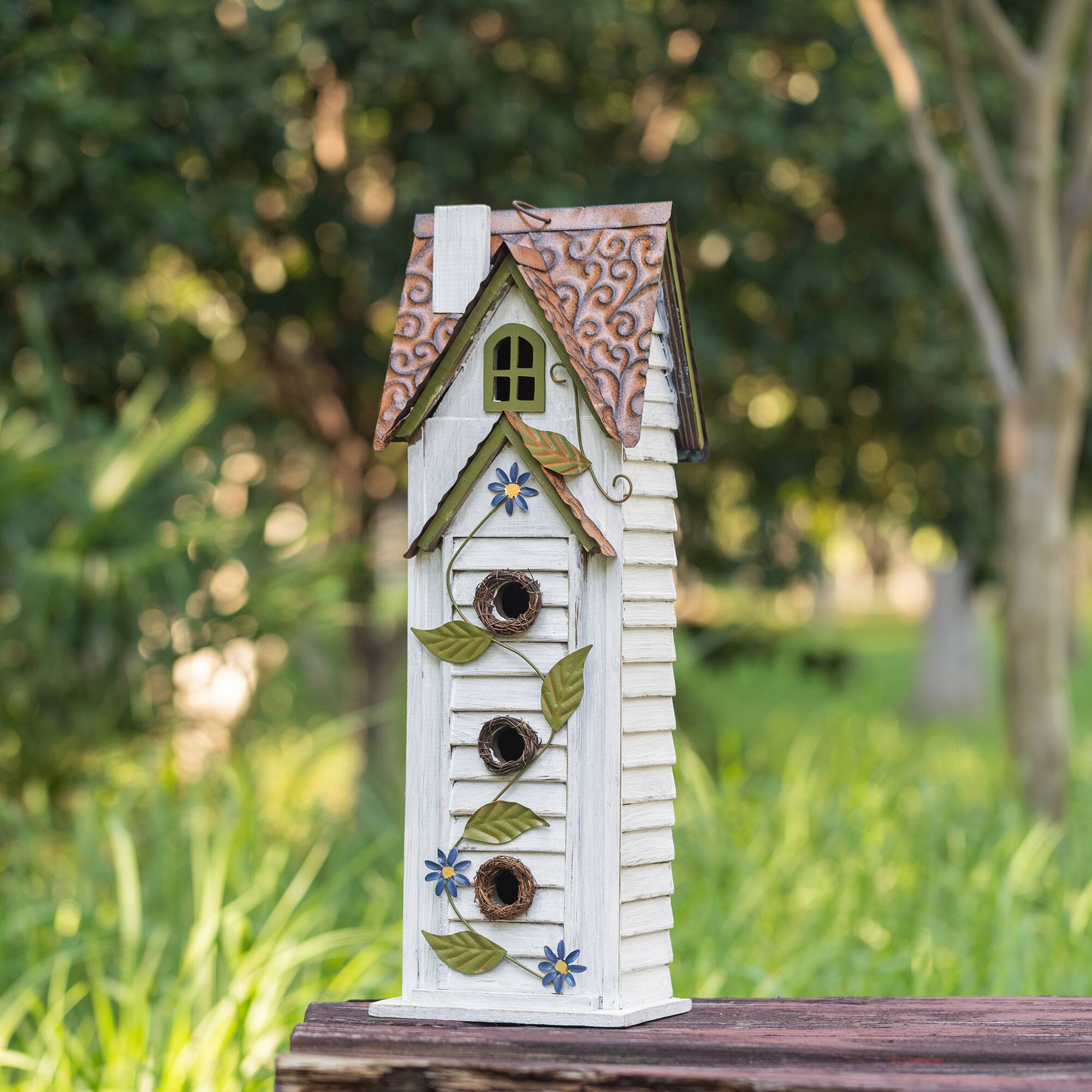 Glitzhome® 24.25" Oversized Washed White 3-Tiered Solid Wood Villa Birdhouse