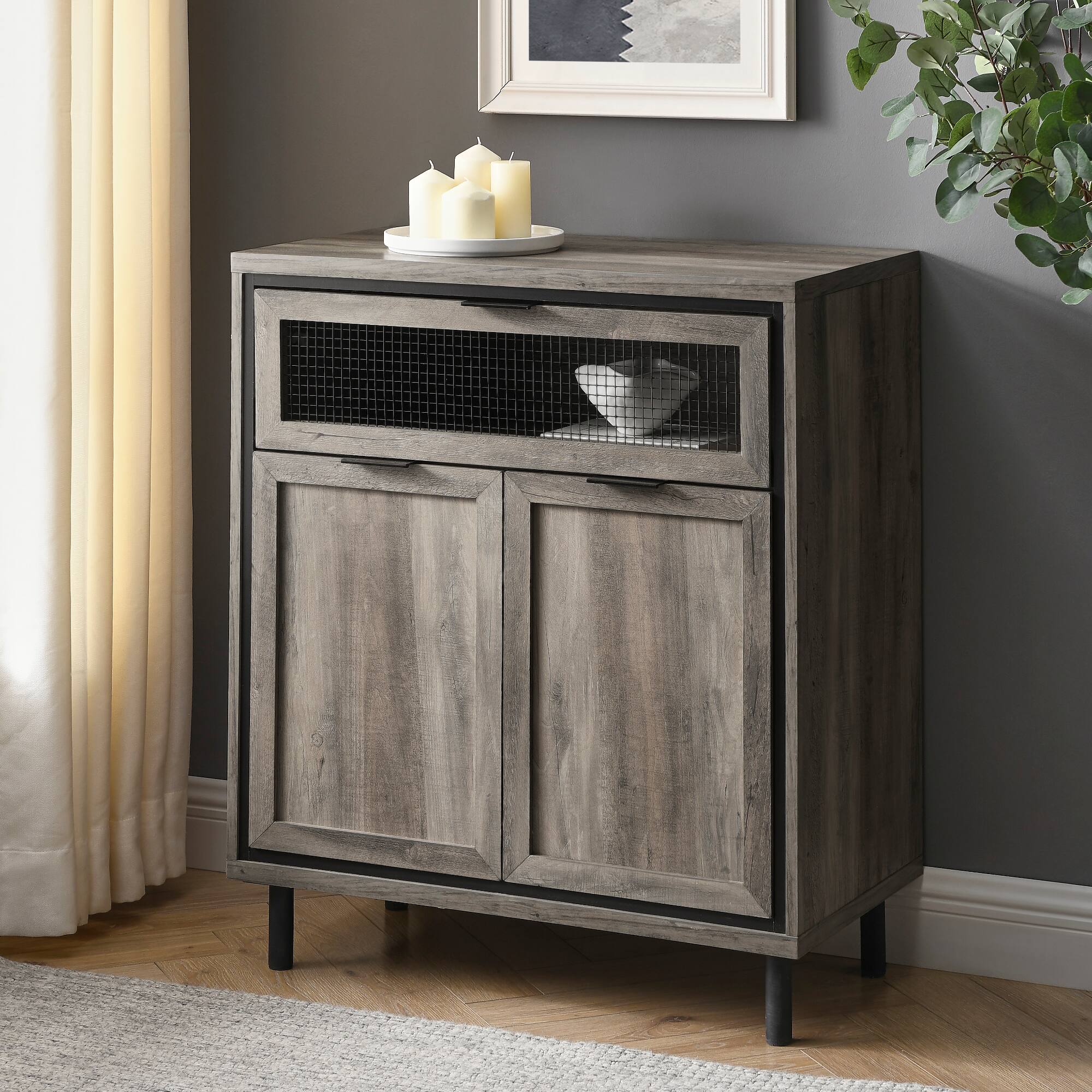 Walker Edison Gray Wash Mesh Metal Accent Cabinet