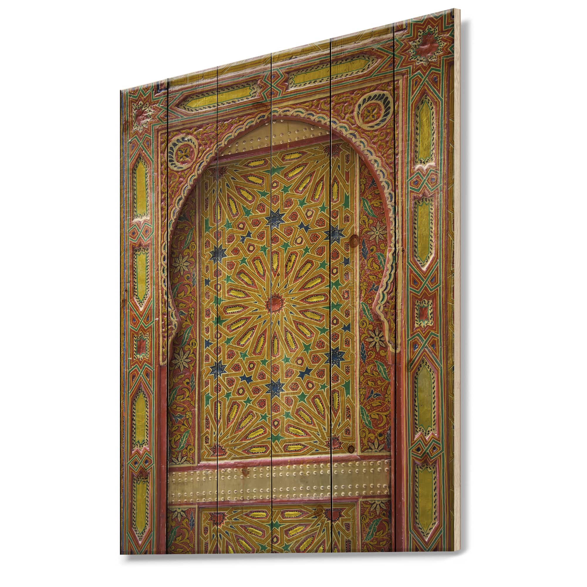 Designart - Moroccan Entrance Door in Fez - Vintage Print on Natural Pine Wood
