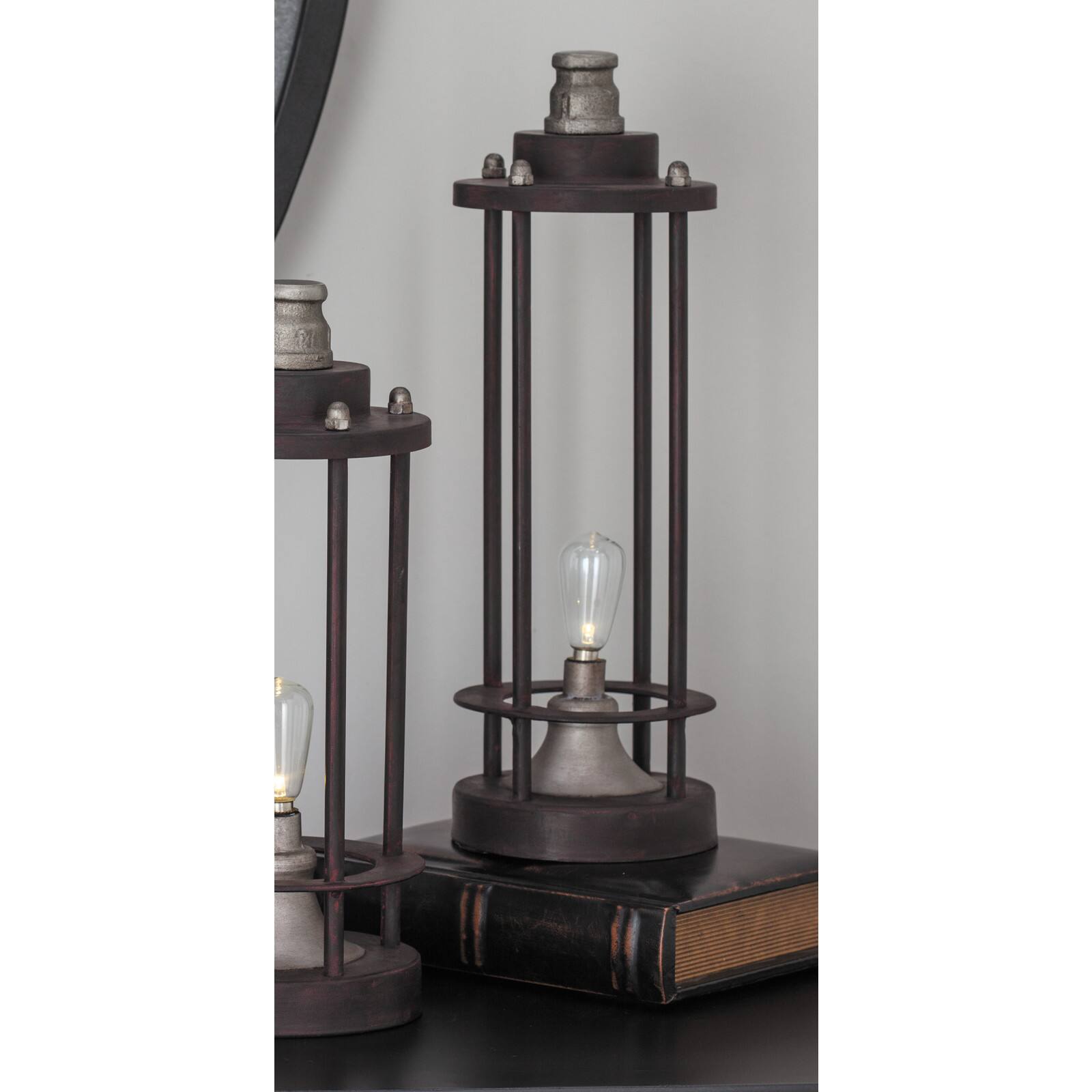 Brown Iron Industrial LED Lantern, 13" x 4" x 4"