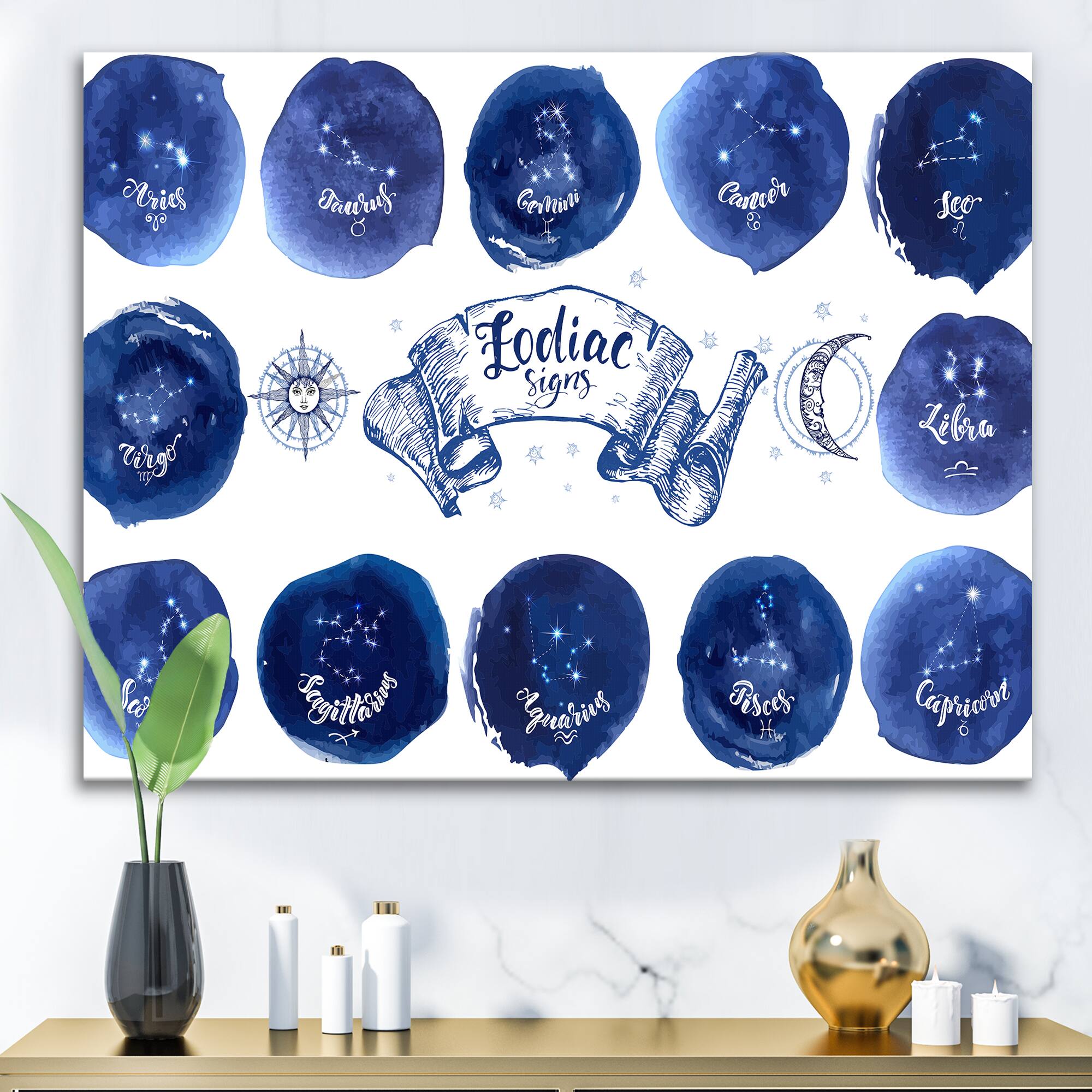 Designart - Collection of Astrology Signs On Blue - Modern Canvas Wall Art Print
