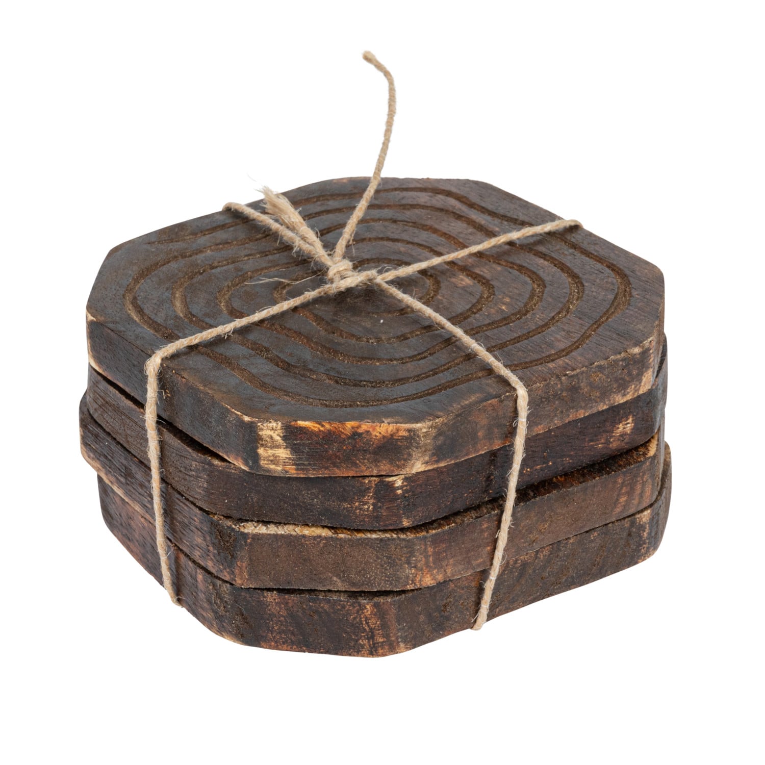4&#x22; Round Hand-Carved Mango Wood Coasters with Distressed Finish, 4ct.