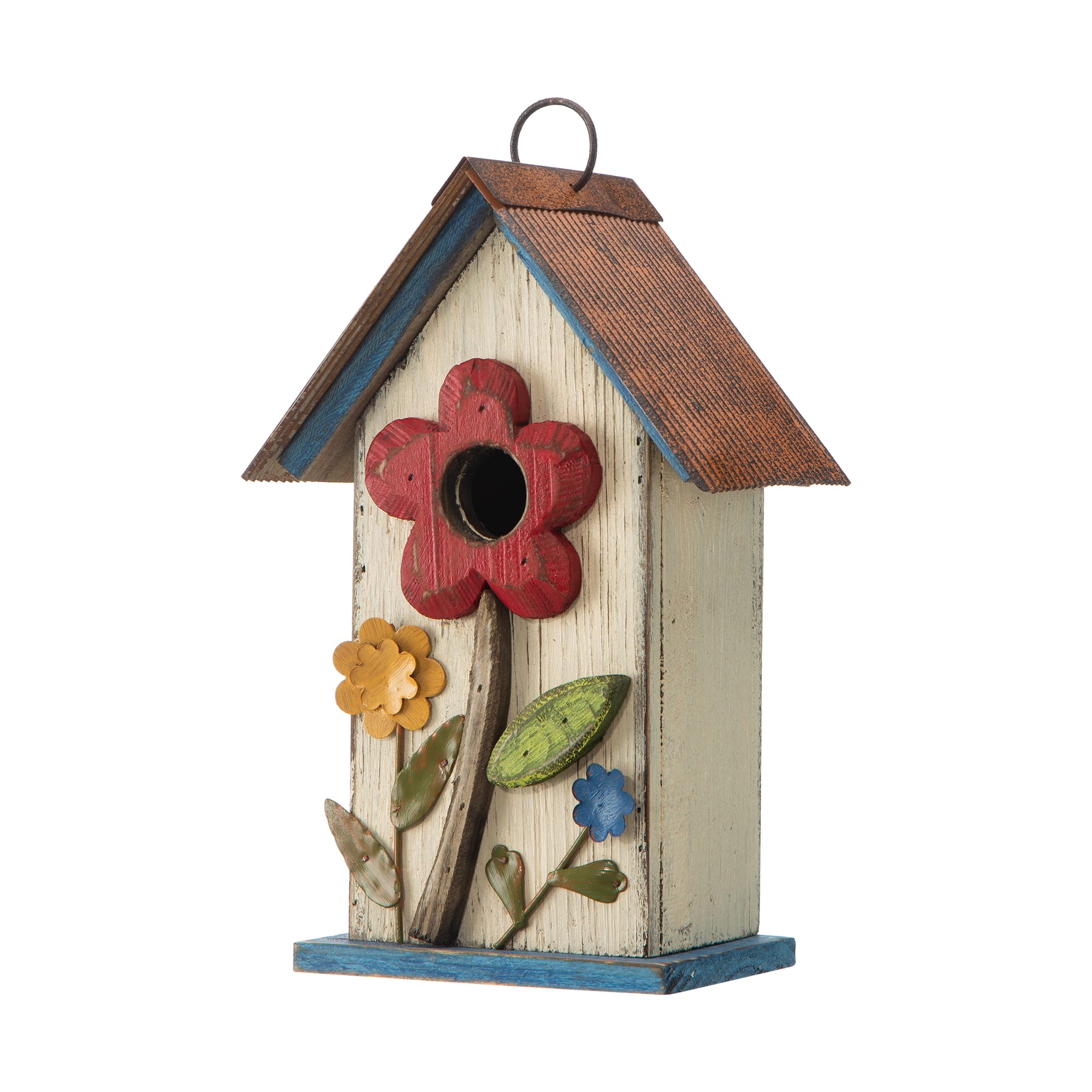 Glitzhome® 10.25" Washed White Distressed Flower Birdhouse