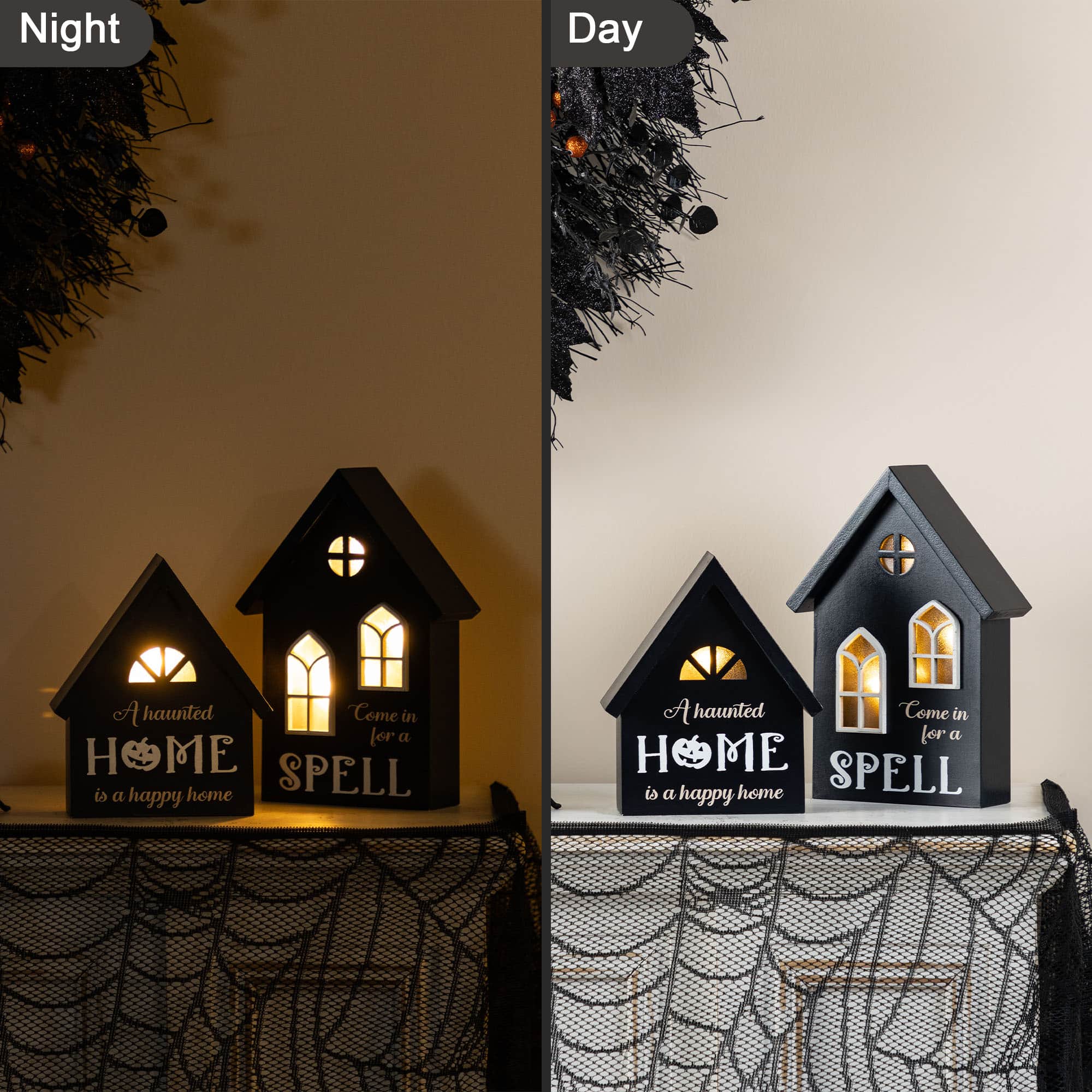 Glitzhome® 8"H Lighted Halloween Wooden House-shaped Table Decor Set