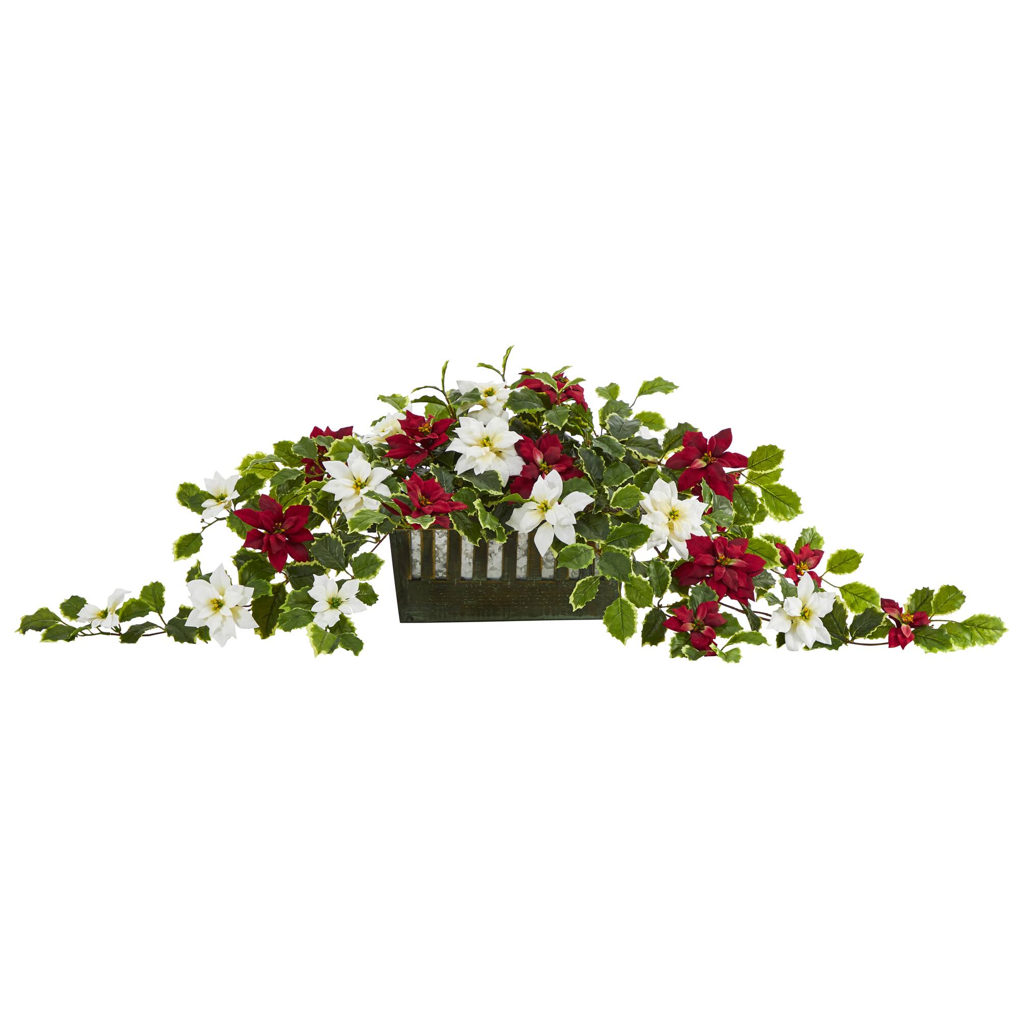 39&#x201D; Poinsettia &#x26; Variegated Holly Artificial Plant in Decorative Planter