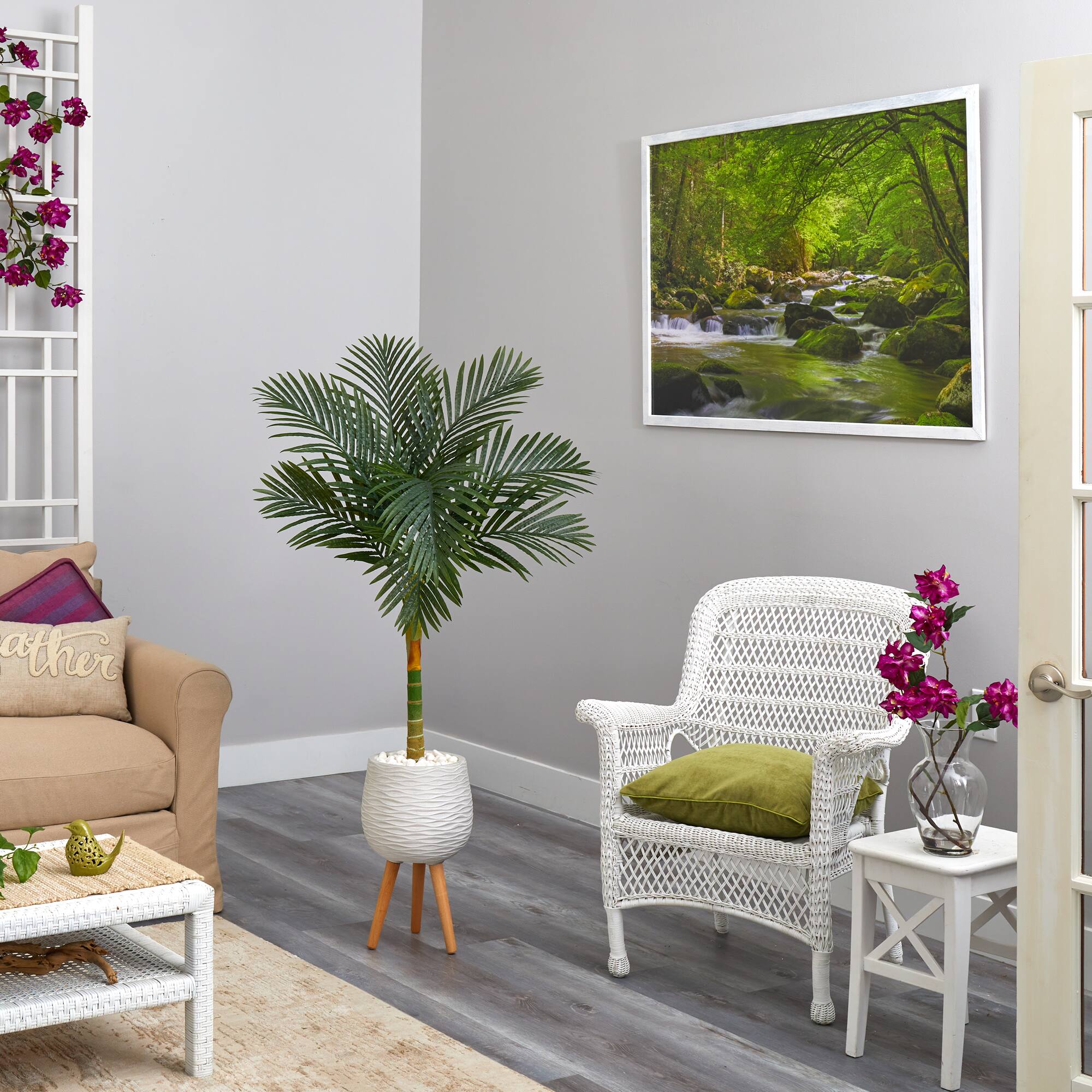 5ft. Golden Cane Artificial Palm Tree in White Planter with Stand