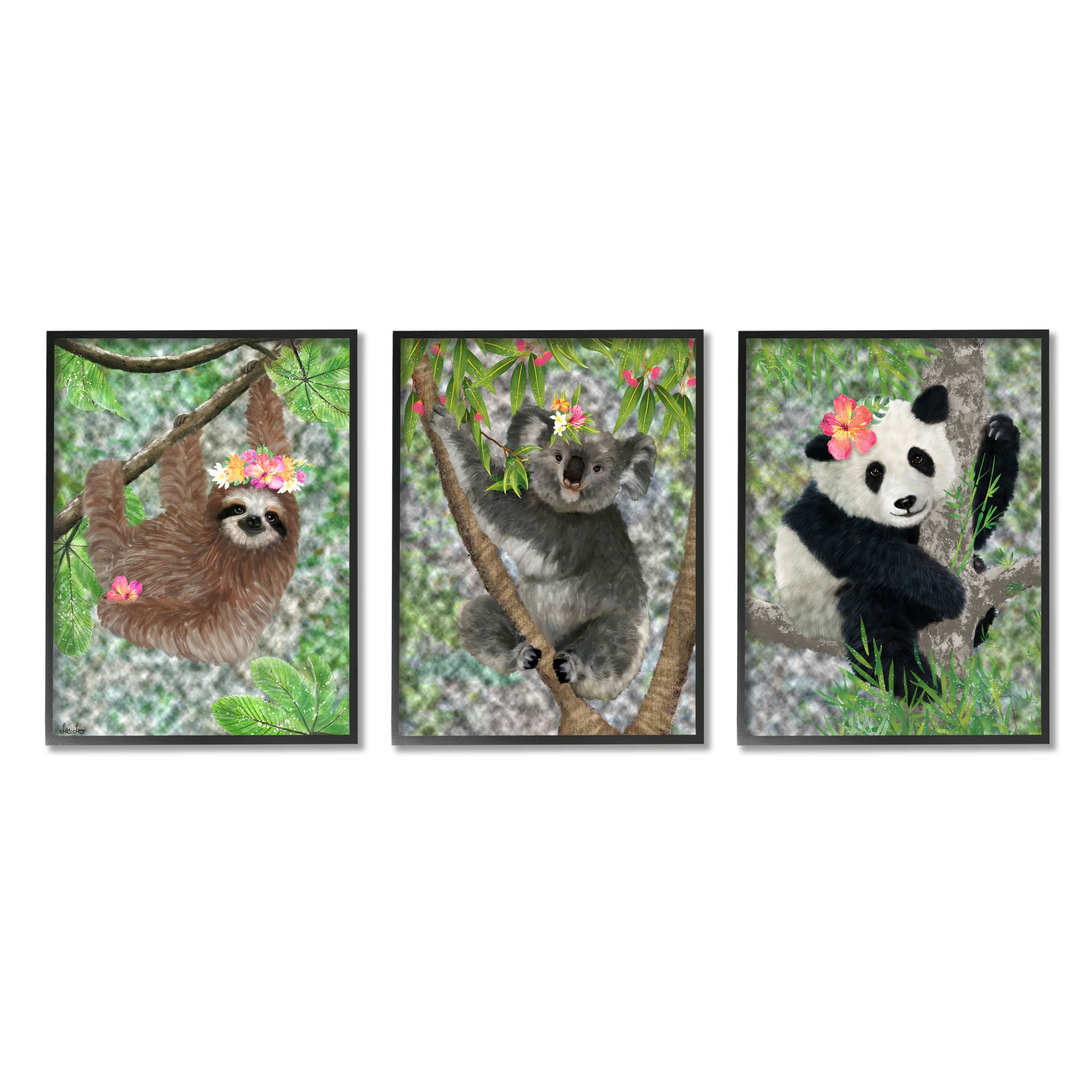 Stupell Industries Tropical Hibiscus Flower Jungle Animals Koala Panda Sloth Framed Wall Art