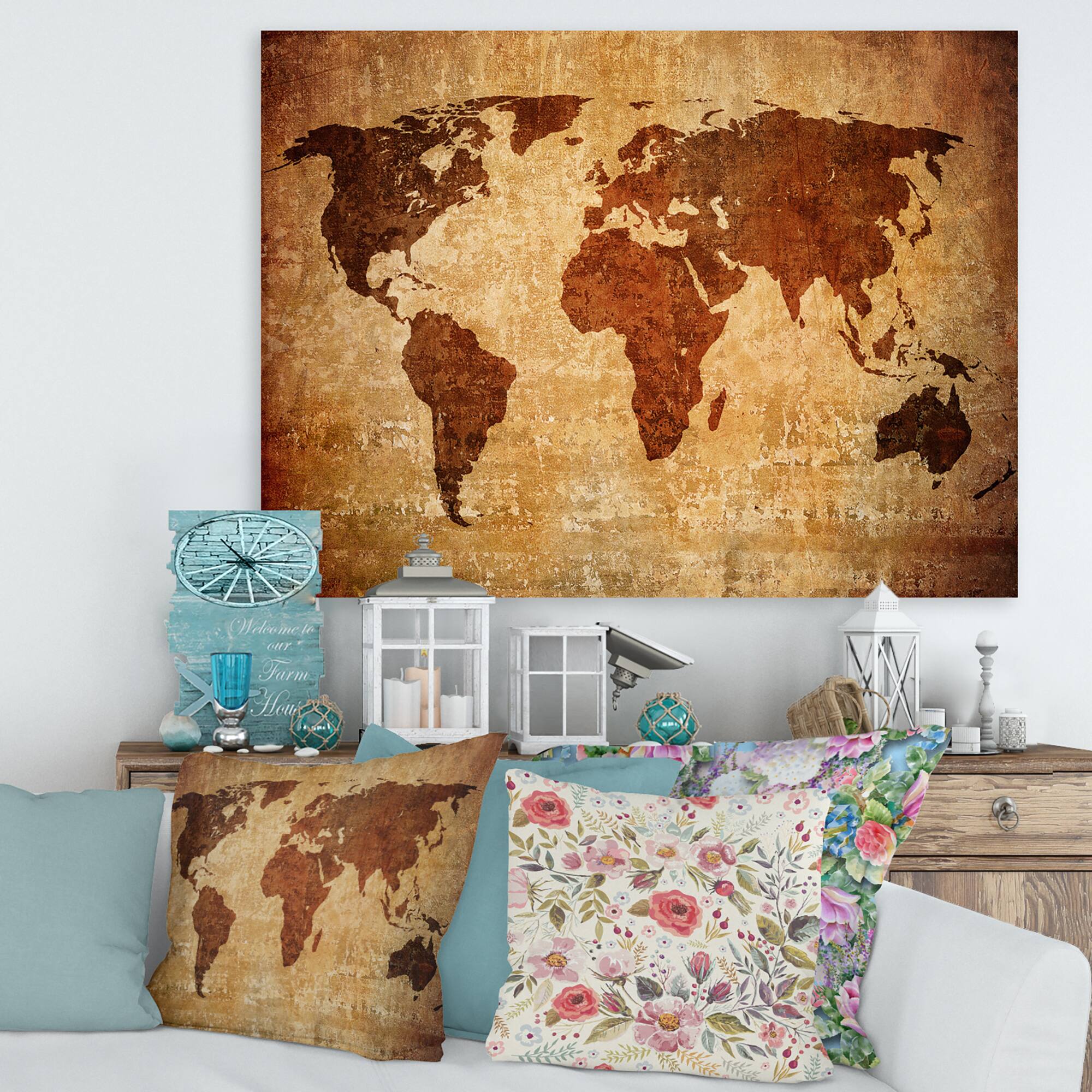 Designart - Ancient Map of The World XI - Vintage Canvas Wall Art Print