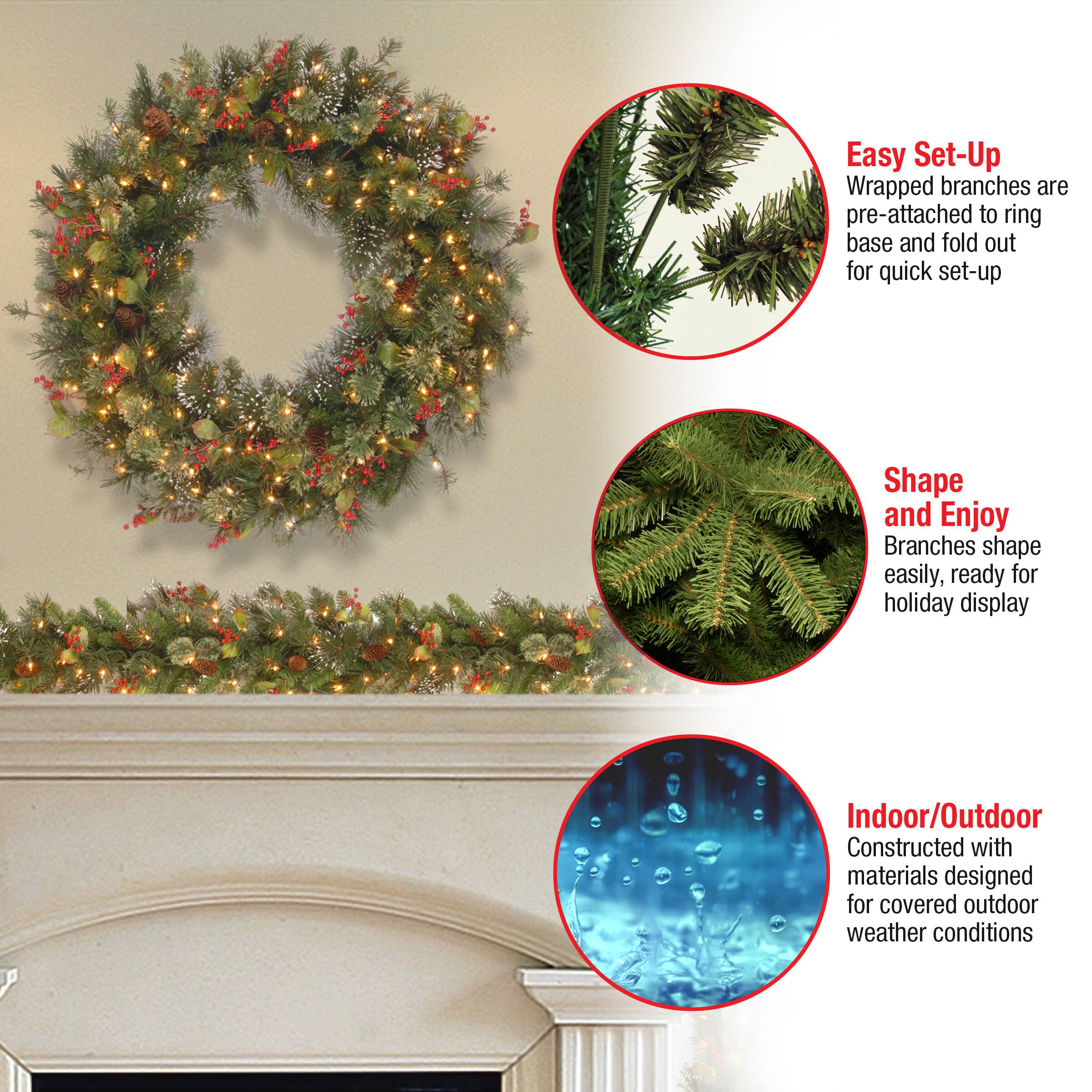 48" Pre-Lit Wintry Pine Wreath