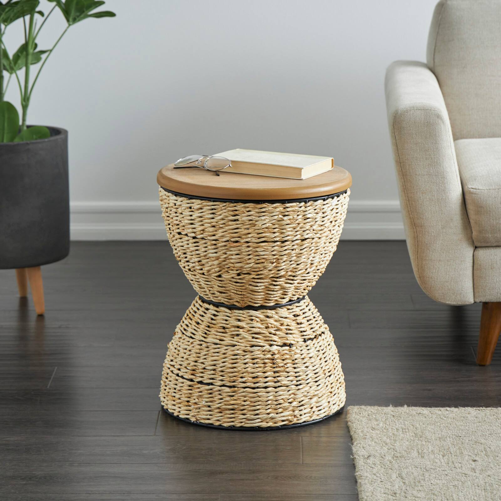 19" Rattan Woven Stool with Wood Tabletop and Black Frame