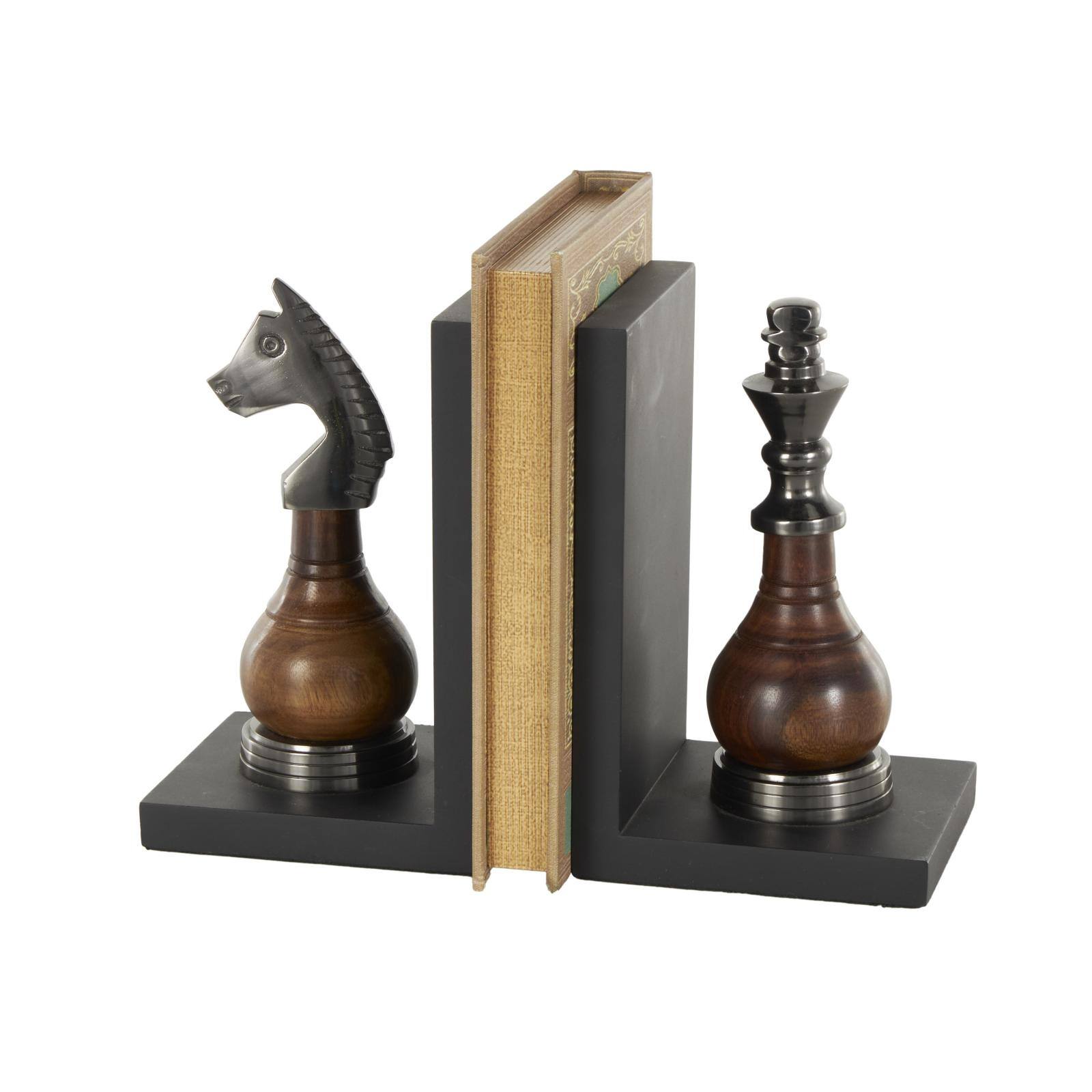 Decorative Dark Brown & Silver Chess Bookend Set