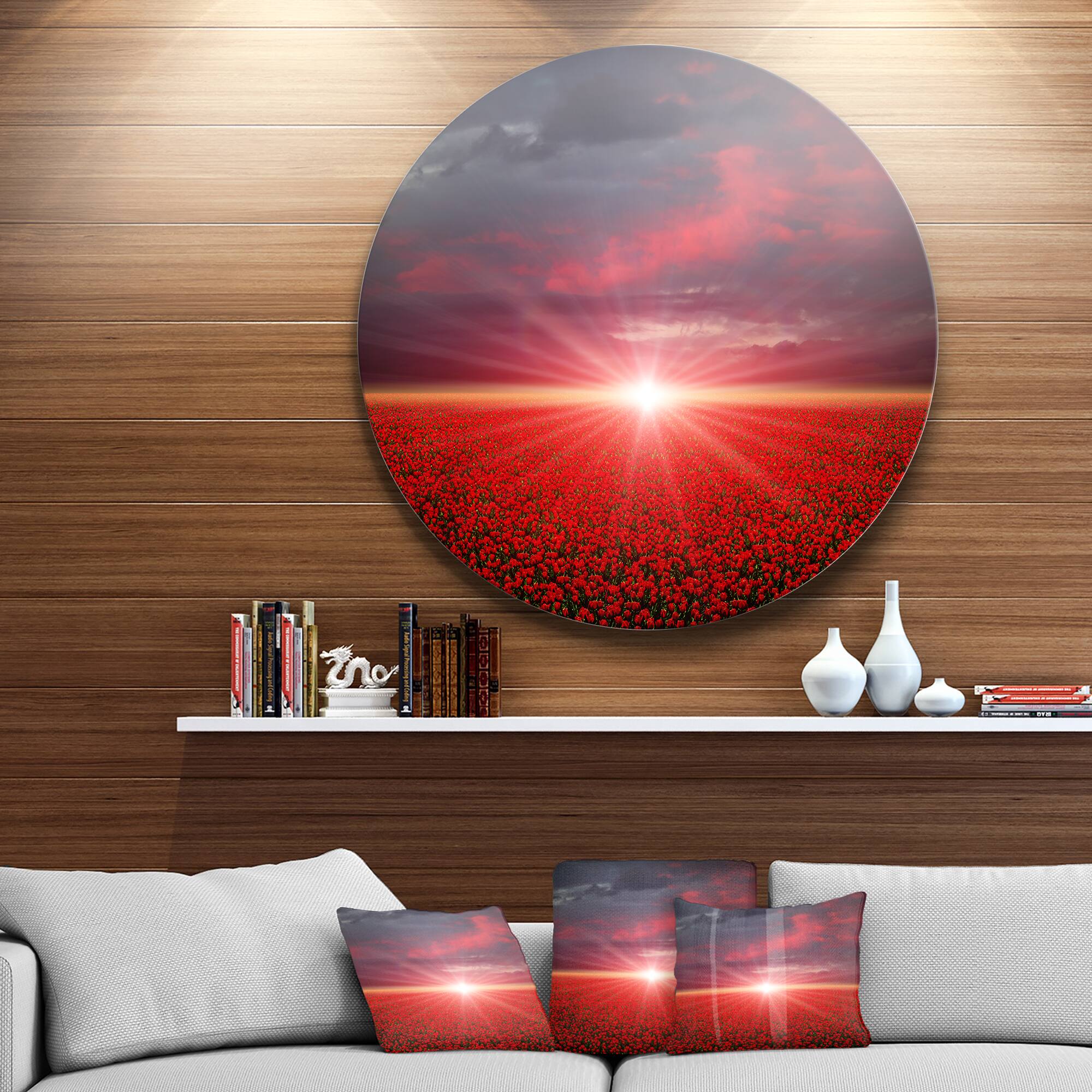 Designart - Red Poppies Field at Sunset&#x27; Landscape Metal Circle Wall Art