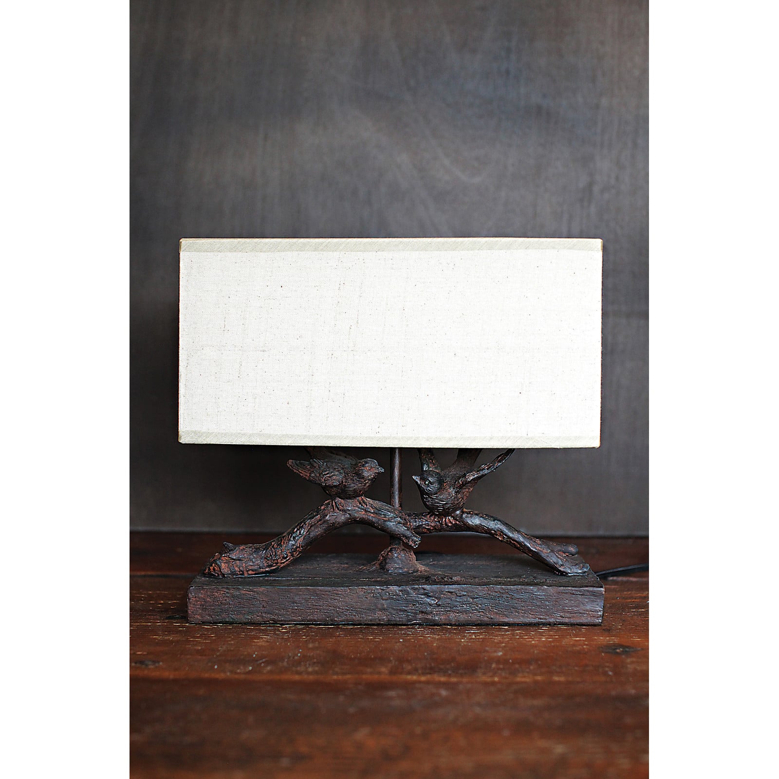 Hello Honey® 12.2" Rustic Birds-On-Branch Lamp with Rectangle Flax Shade