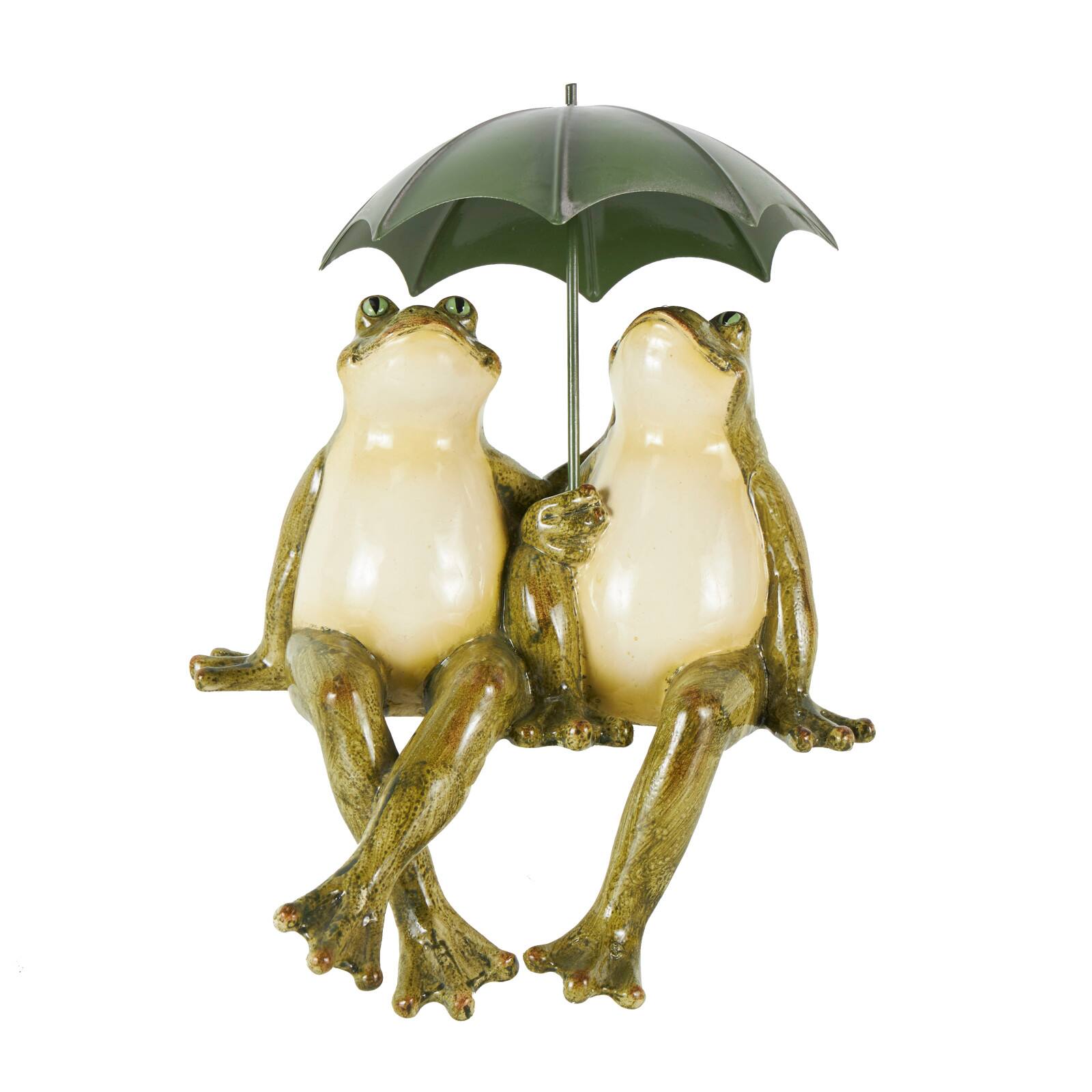 11" Bronze Frogs Sitting with Umbrella Sculpture