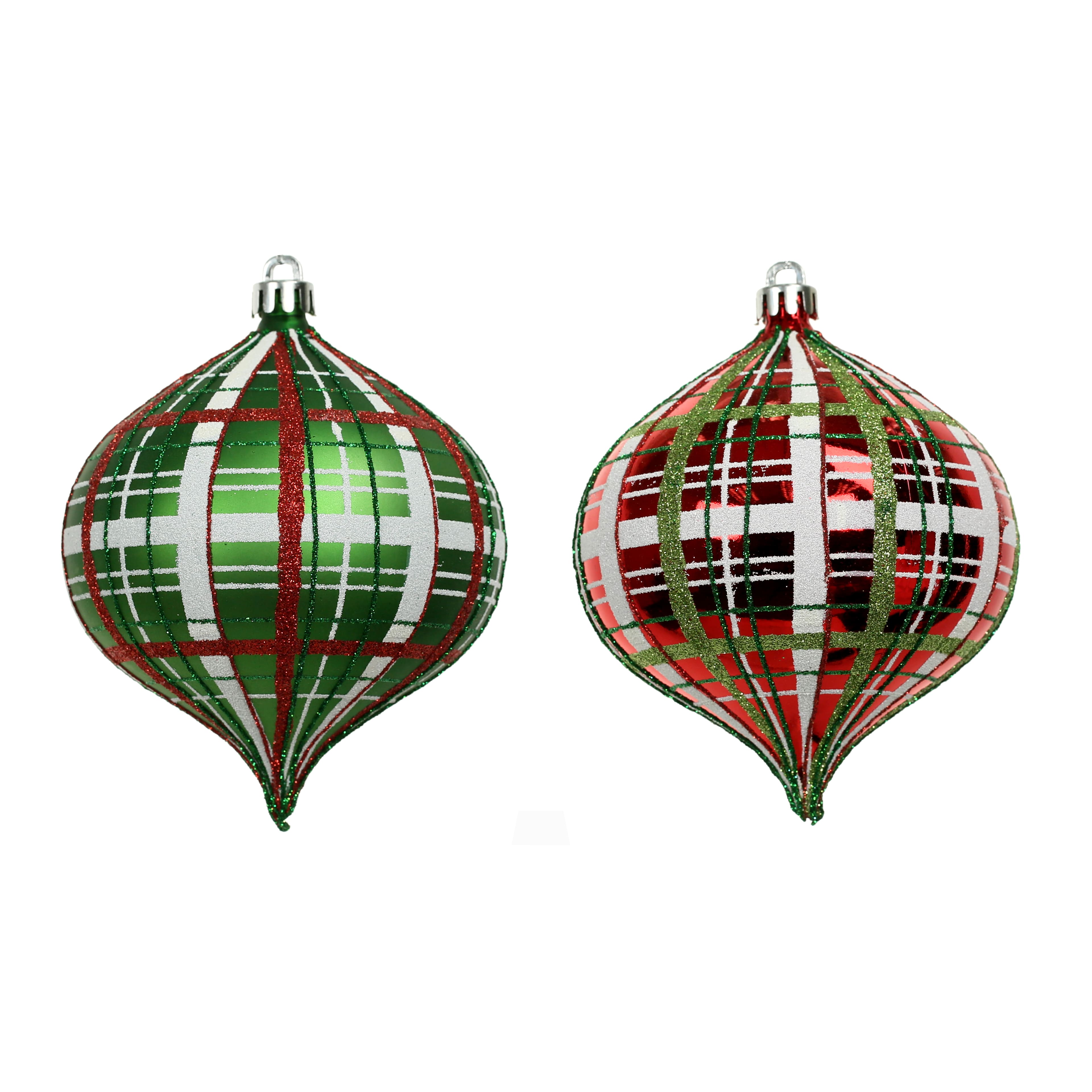 4 Pack 4.7&#x22; Red &#x26; Green Glitter Plaid Shatterproof Onion Ornaments by Ashland&#xAE;