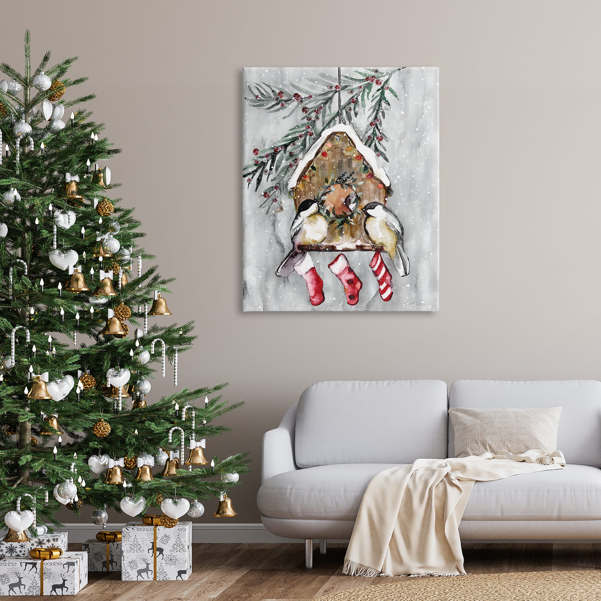 Stupell Industries Holiday Stockings Birdhouse Perched Canvas Wall Art