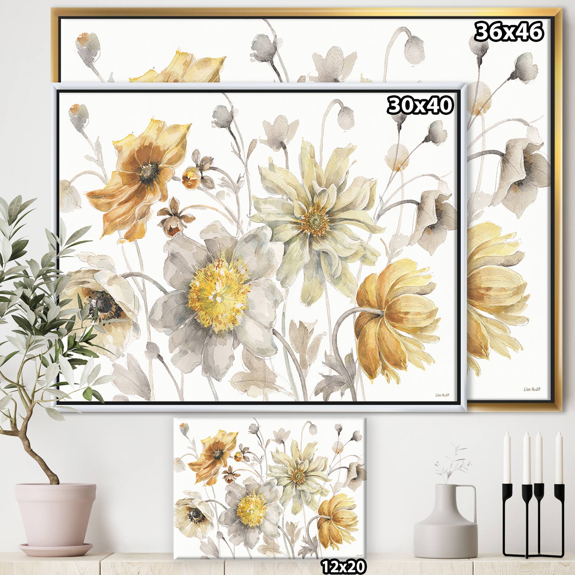 Designart - Fields of Gold Watercolor Flower VII - Traditional Canvas in Gold Frame