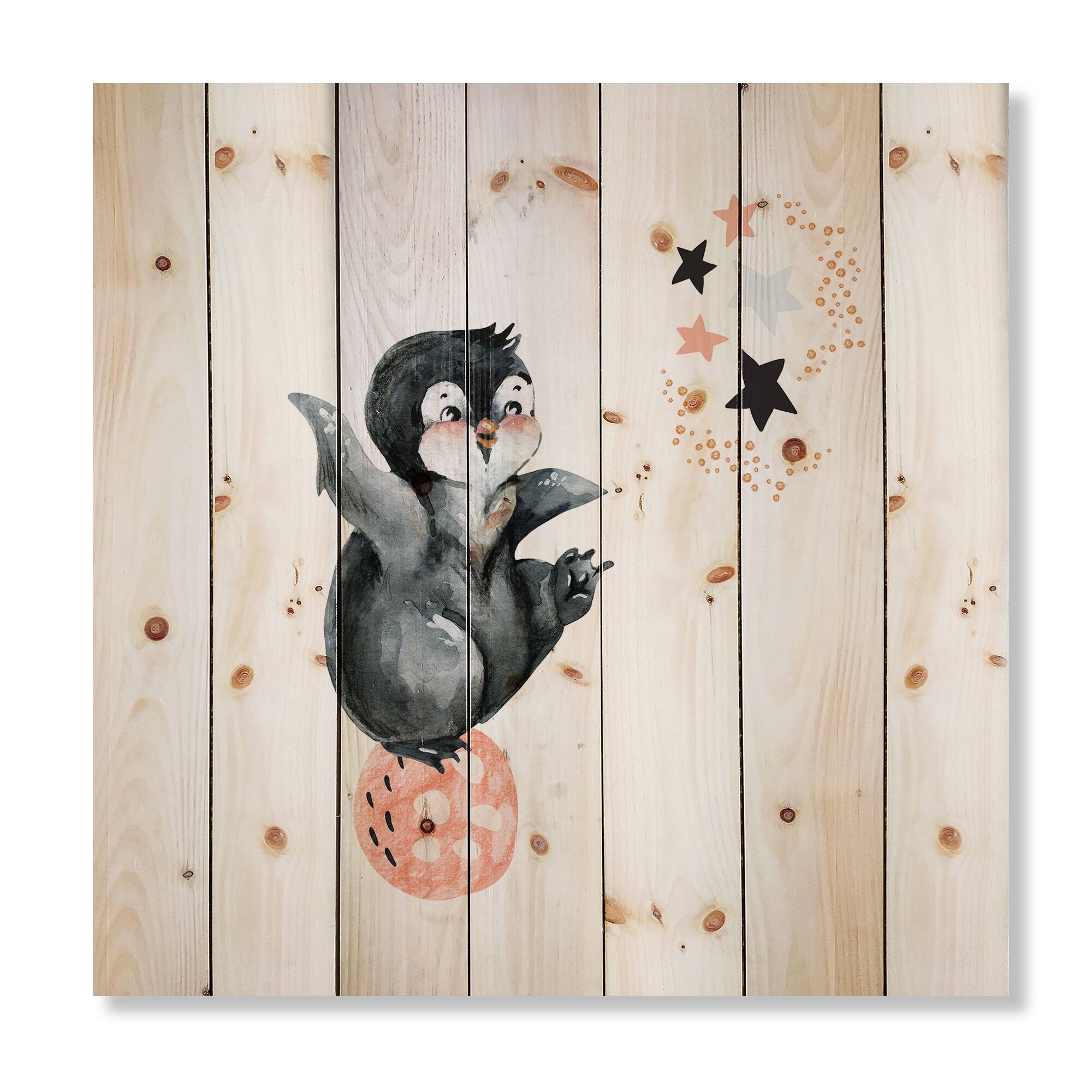 Designart - Little Penguin With Stars and Planets II - Farmhouse Print on Natural Pine Wood