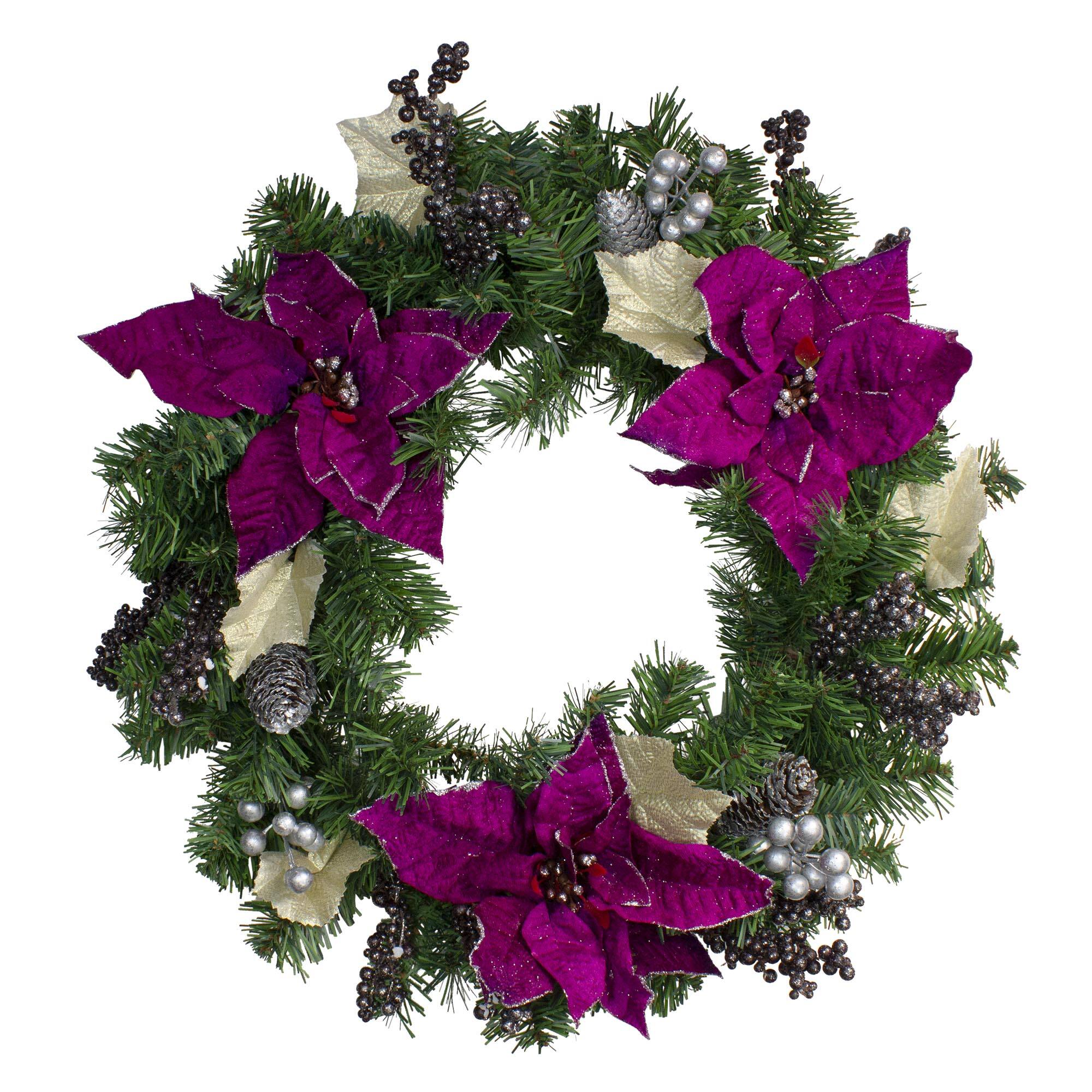 24" Two-Tone Pine with Purple Poinsettias & Berries Wreath