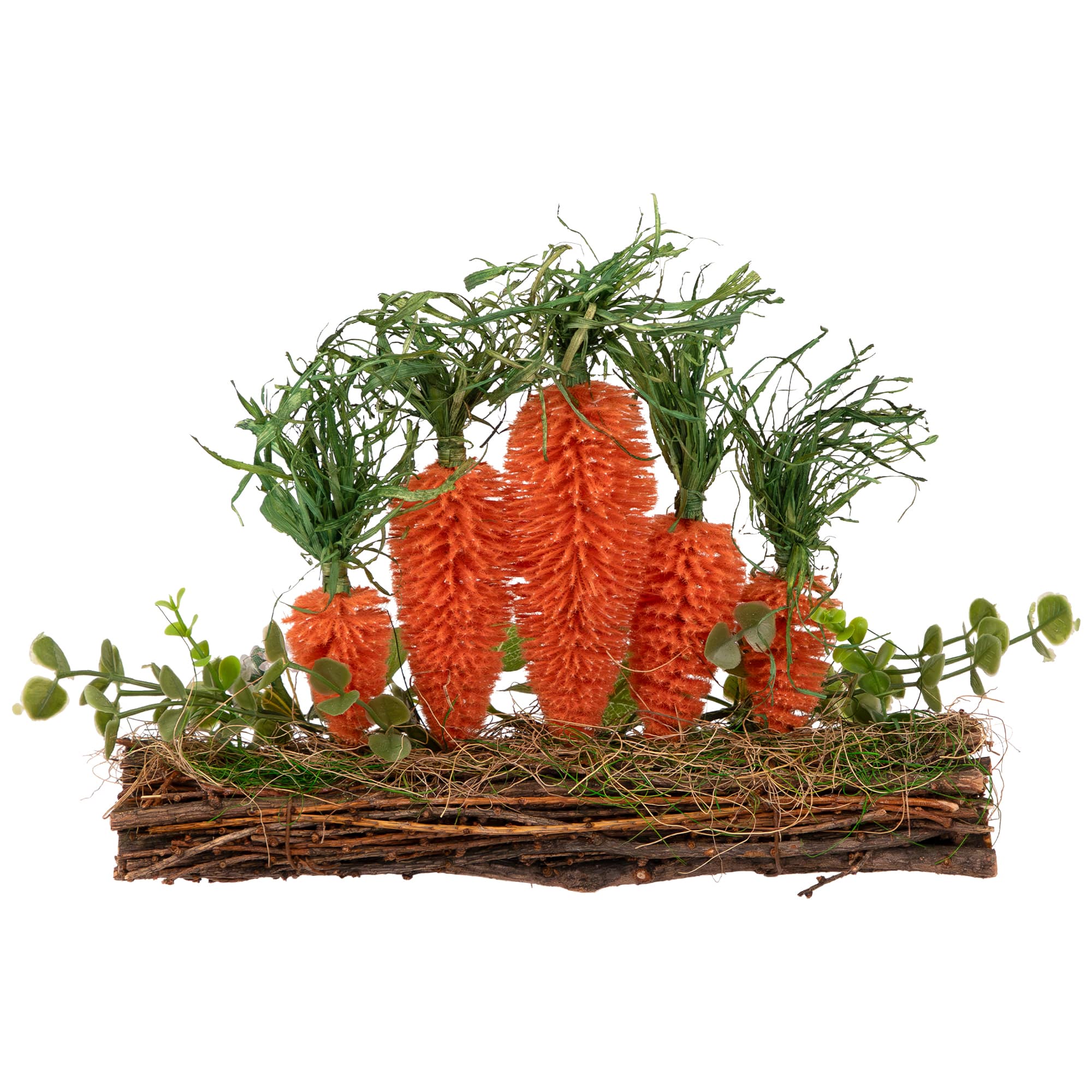 14" x 11.75" Standing Carrots on Floral Foliage Twig Log Easter Décor