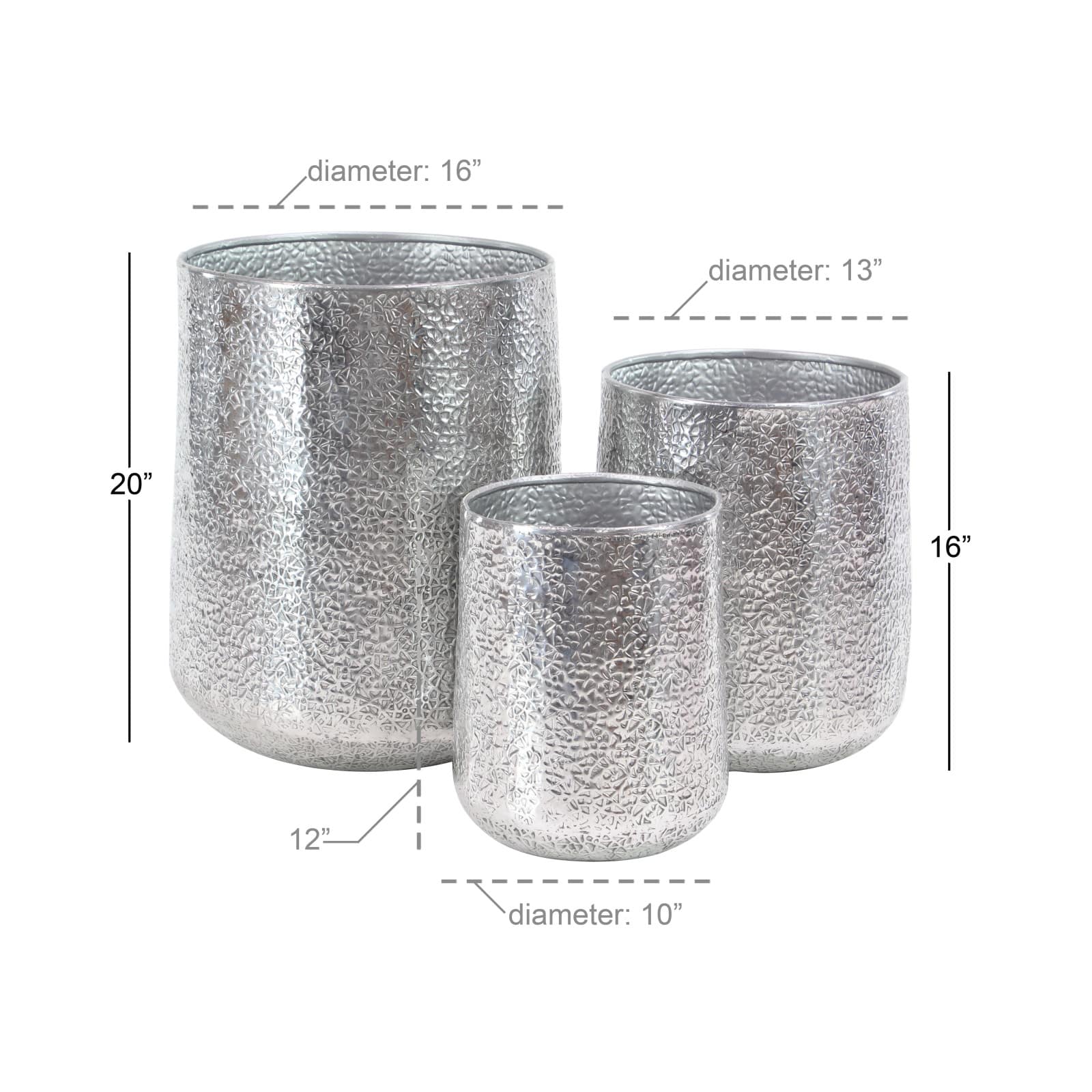 Set of 3 Silver Aluminum Glam Planter, 12&#x22;, 16&#x22;, 20&#x22;
