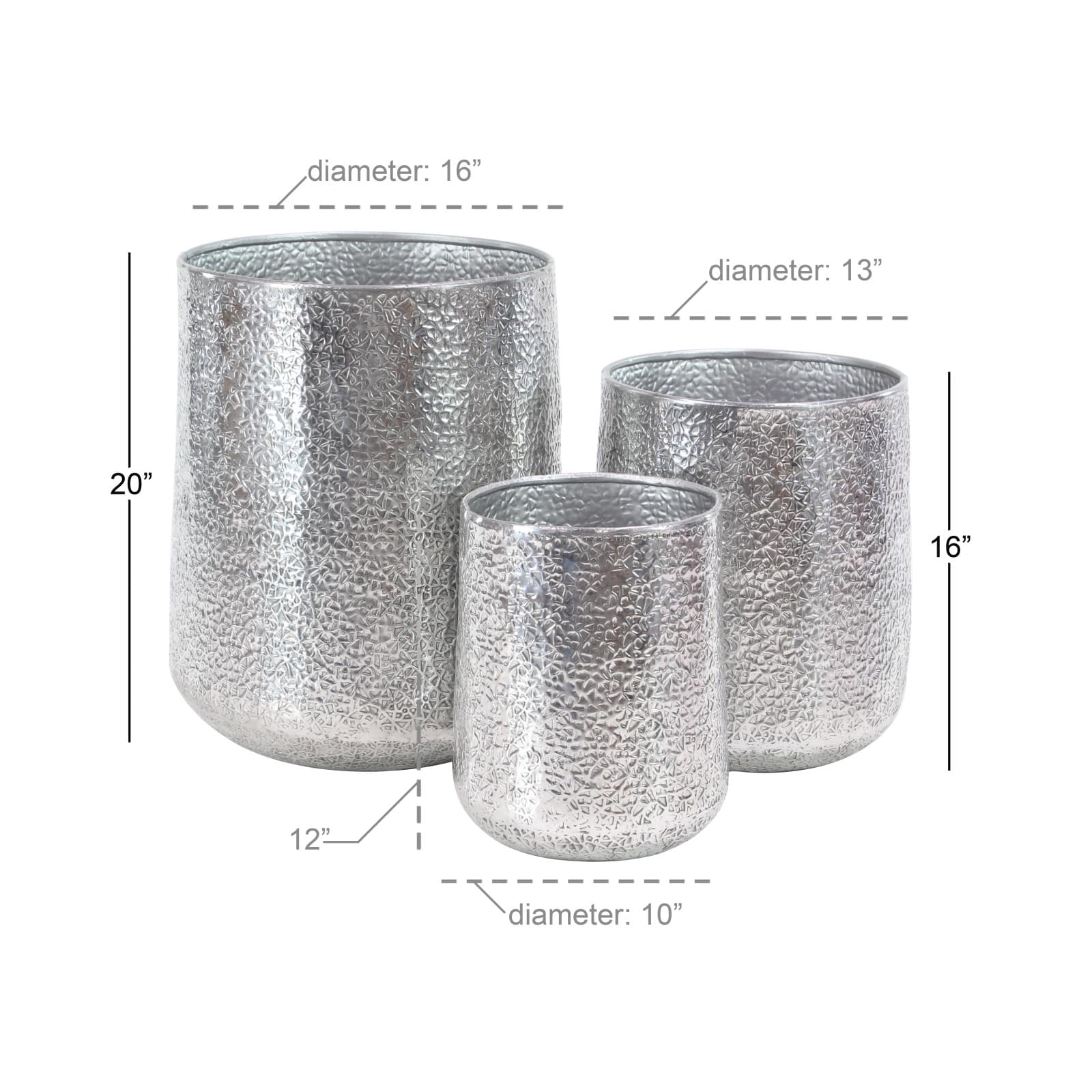 Set of 3 Silver Aluminum Glam Planter, 12", 16", 20"