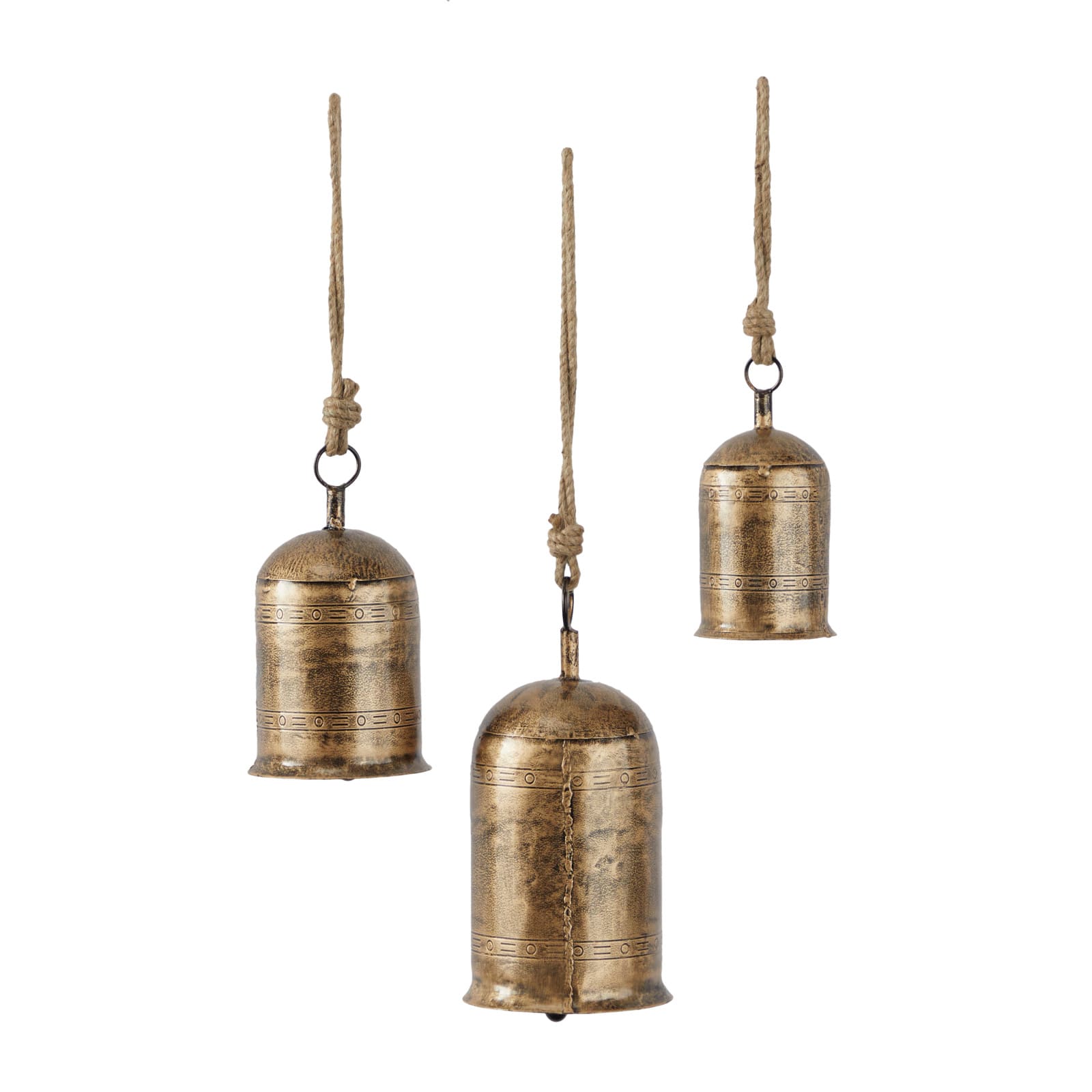 Gold Metal Bohemian Decorative Cow Bell, Set of 3&#x22; 12&#x22;, 11&#x22;, 9&#x22;