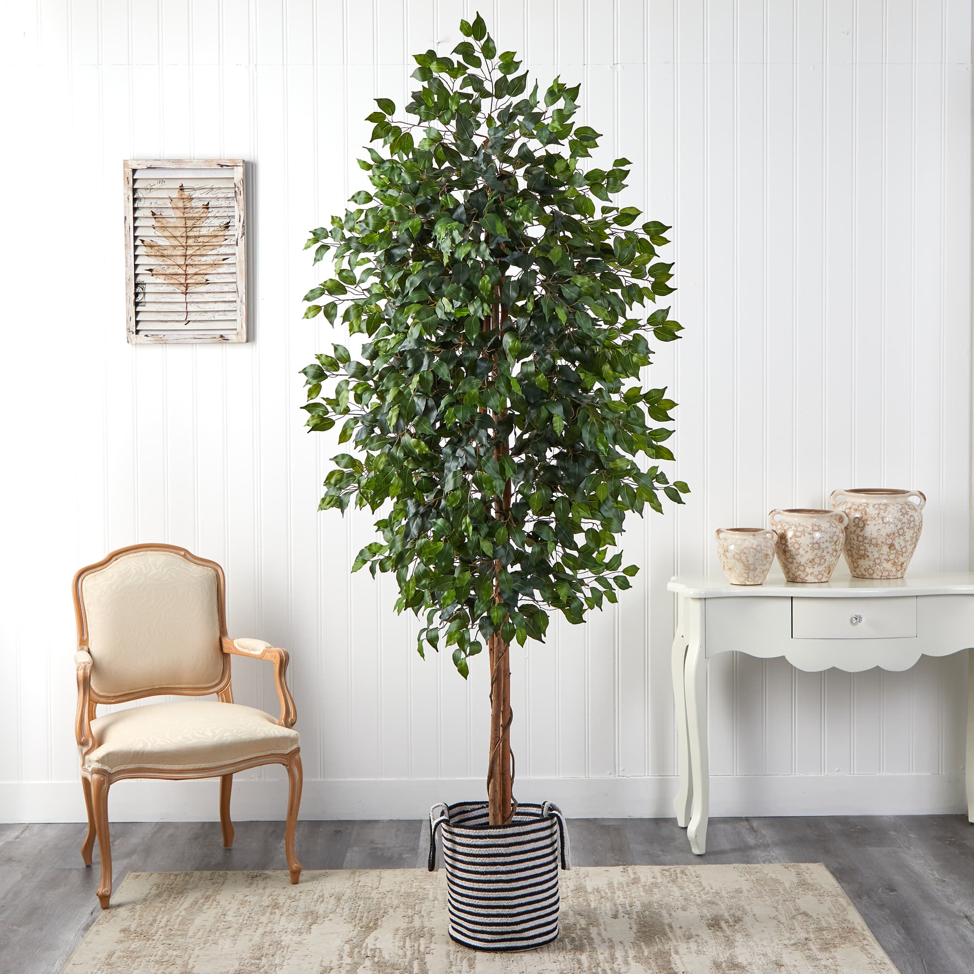 8ft. Ficus Artificial Tree in Handmade Black and White Natural Jute and Cotton Planter