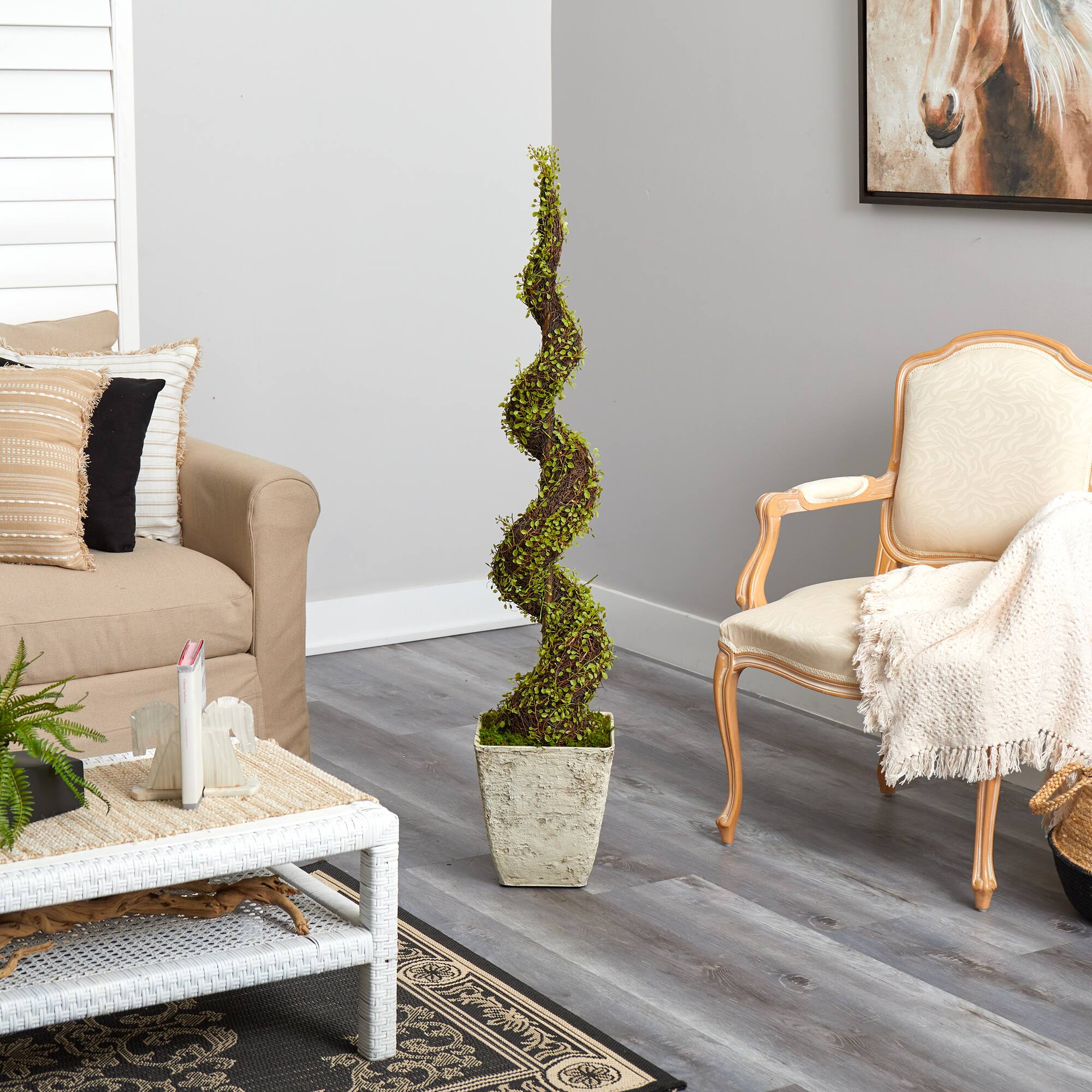 53&#x22; UV Resistant Mohlenbechia Spiral Tree in Country White Planter 