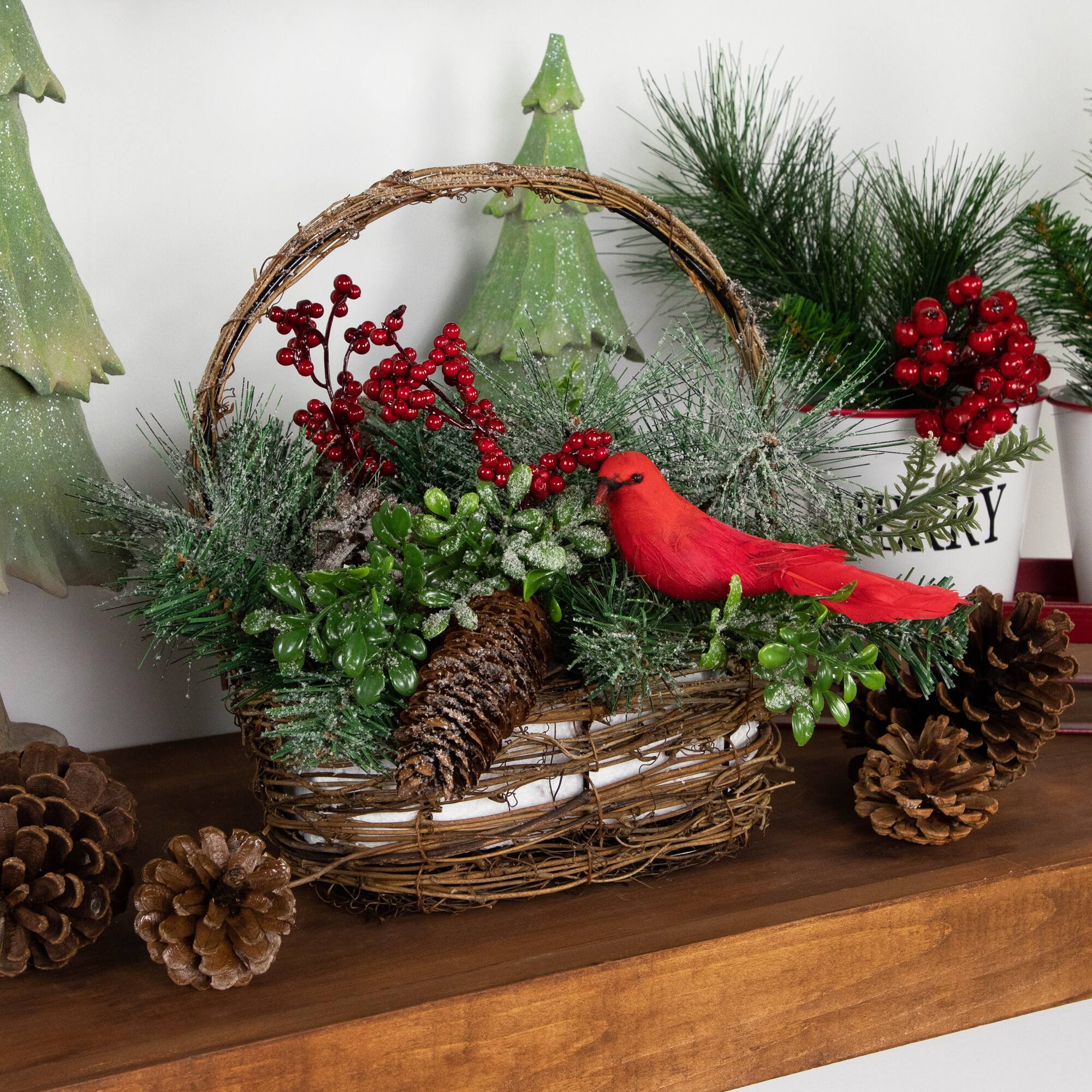 12" Red Cardinal with Foliage in Twig Basket Decoration