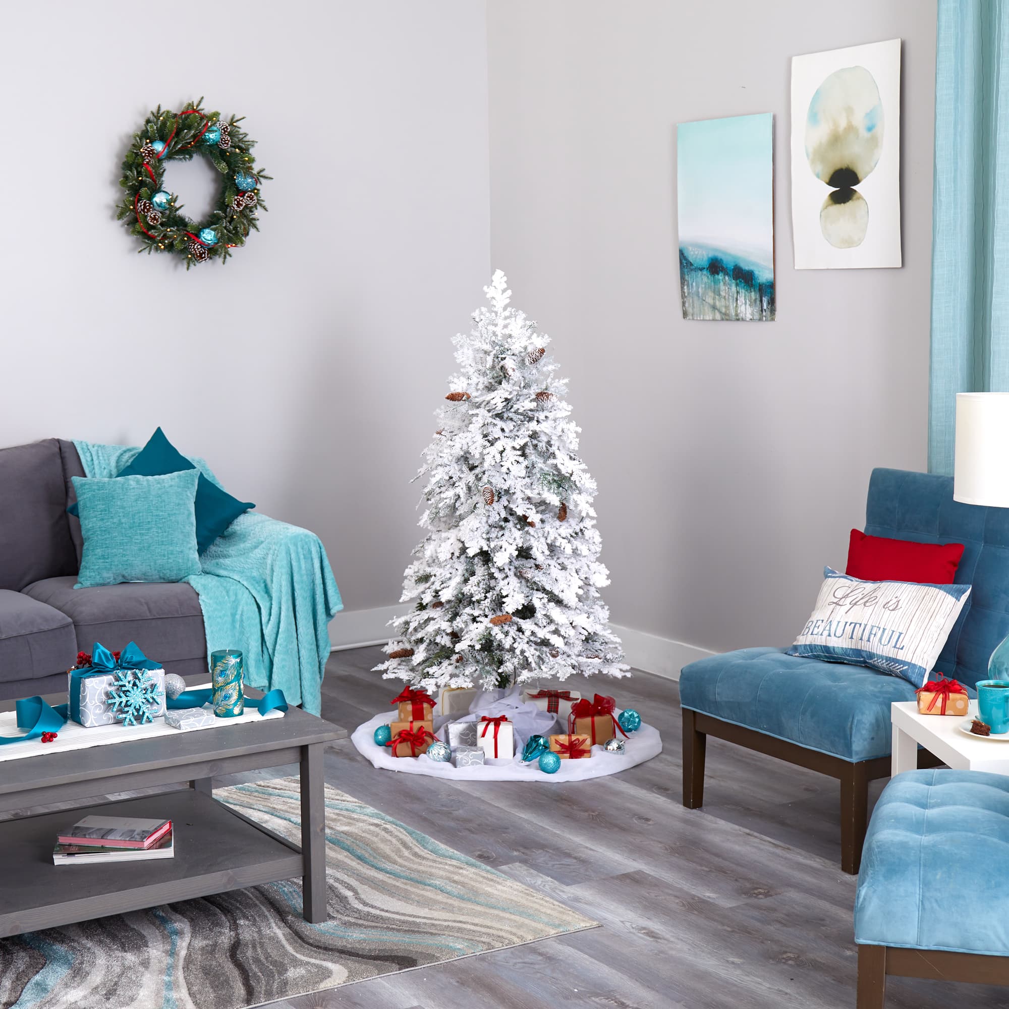 5ft. Pre-Lit Flocked Montana Down Swept Spruce Artificial Christmas Tree with Clear LED Lights