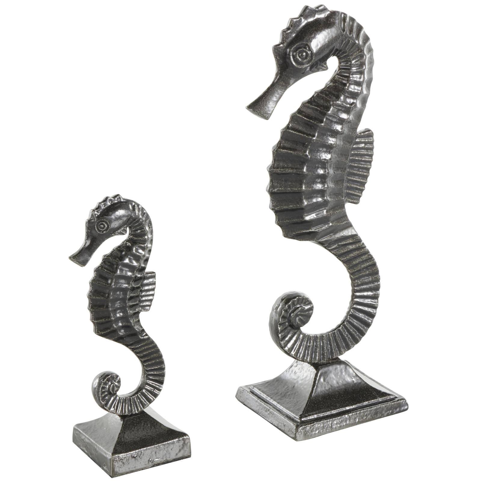 Black Aluminum Sea Horse Sculpture Set with Square Bases
