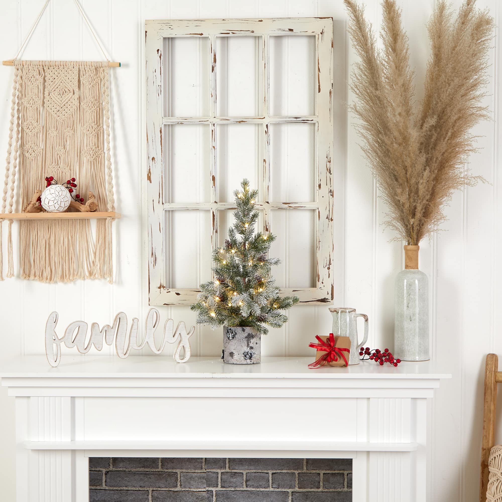 2ft. Pre-Lit Flocked Artificial Christmas Tree in Decorative Birch Bark Planter, LED Lights