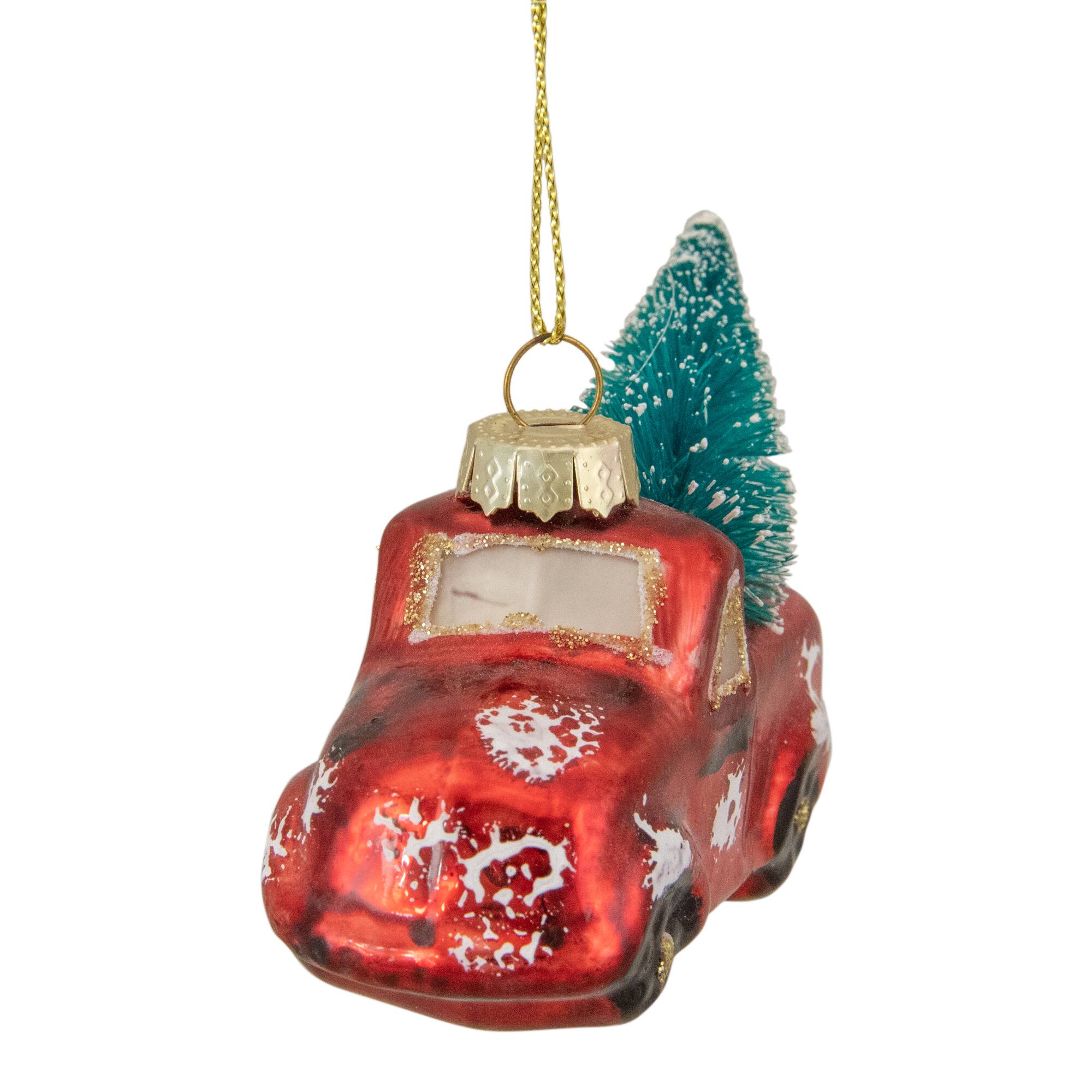 4&#x22; Red Metallic Truck with a Sisal Tree Glass Christmas Ornament