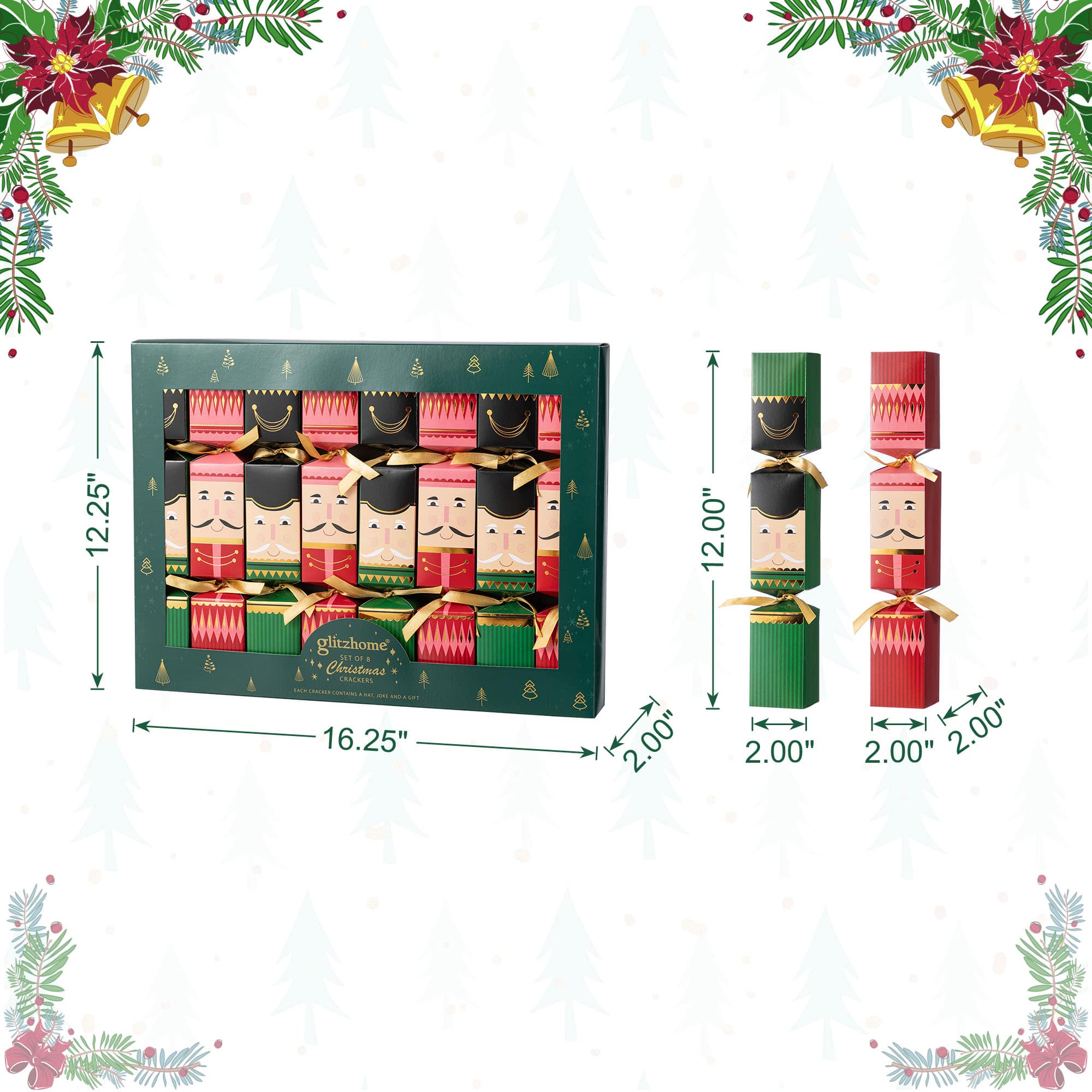 Glitzhome® 8PK 2"D x 12"H Nutcracker Christmas Party Crackers with Gift Contents