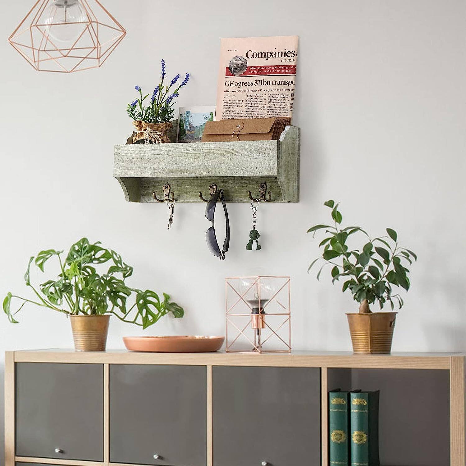 NEX™ Olive Green Wall-Mounted Wooden Key Rack with 3 Double Key Hooks