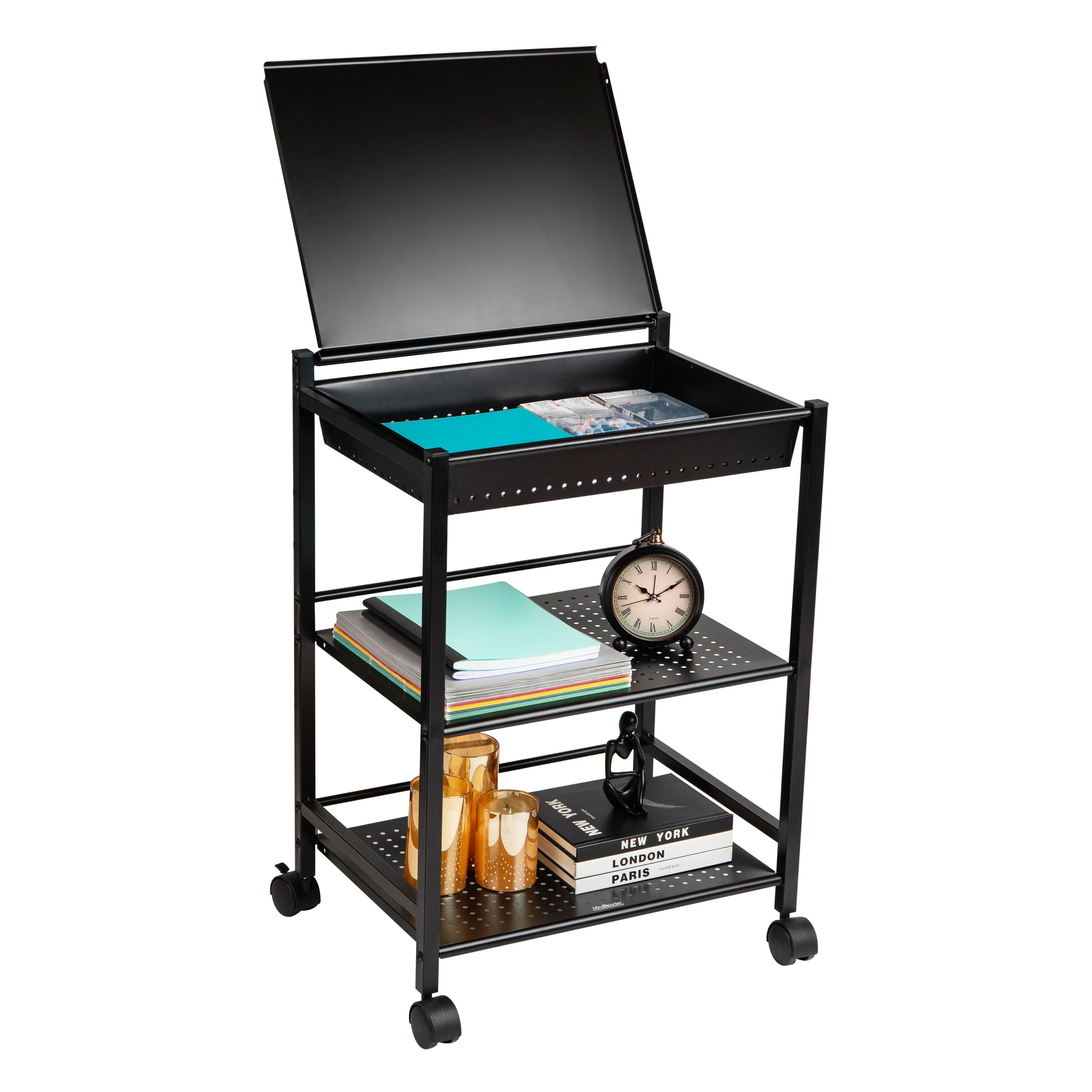 Mind Reader Cart with Covered Compartment, Office Organizer, Storage, 3-Tier, Office, Metal, Black