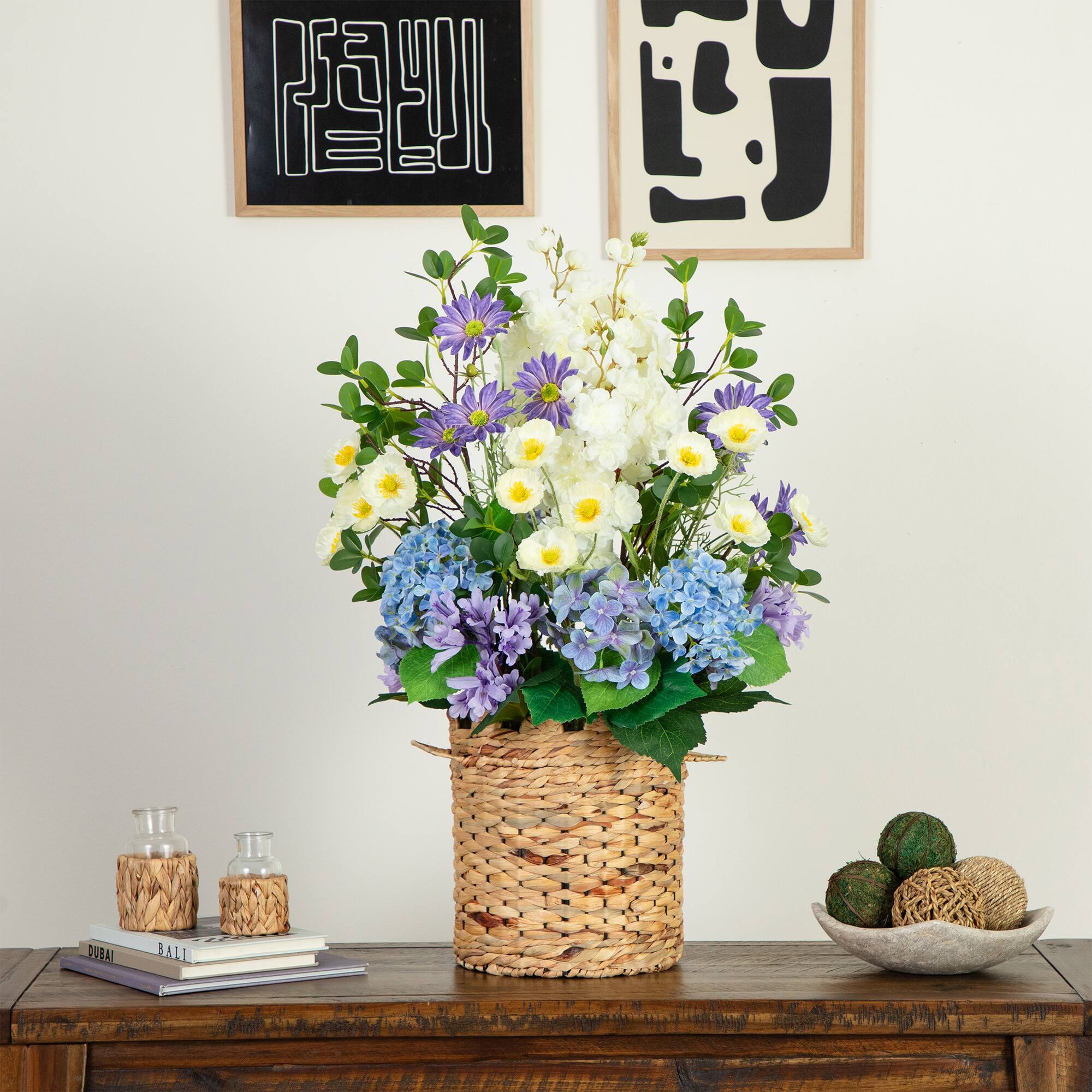 2.5ft. Artificial Mixed Flower &#x26; Hydrangea Arrangement in Hyacinth Weave Basket