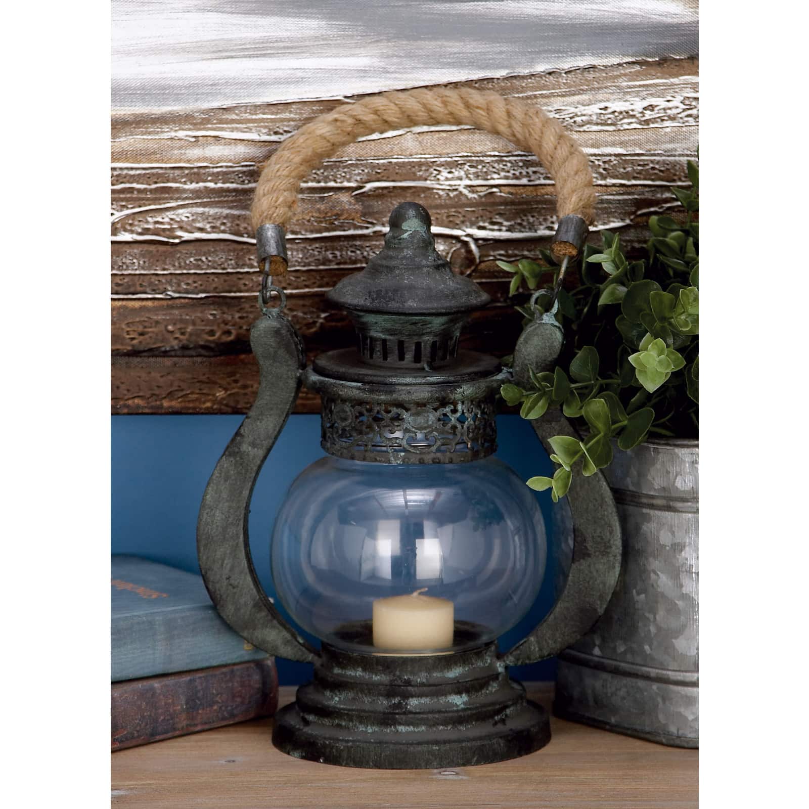 Black Iron Rustic Candle Holder Lantern, 9" x 8" x 5"