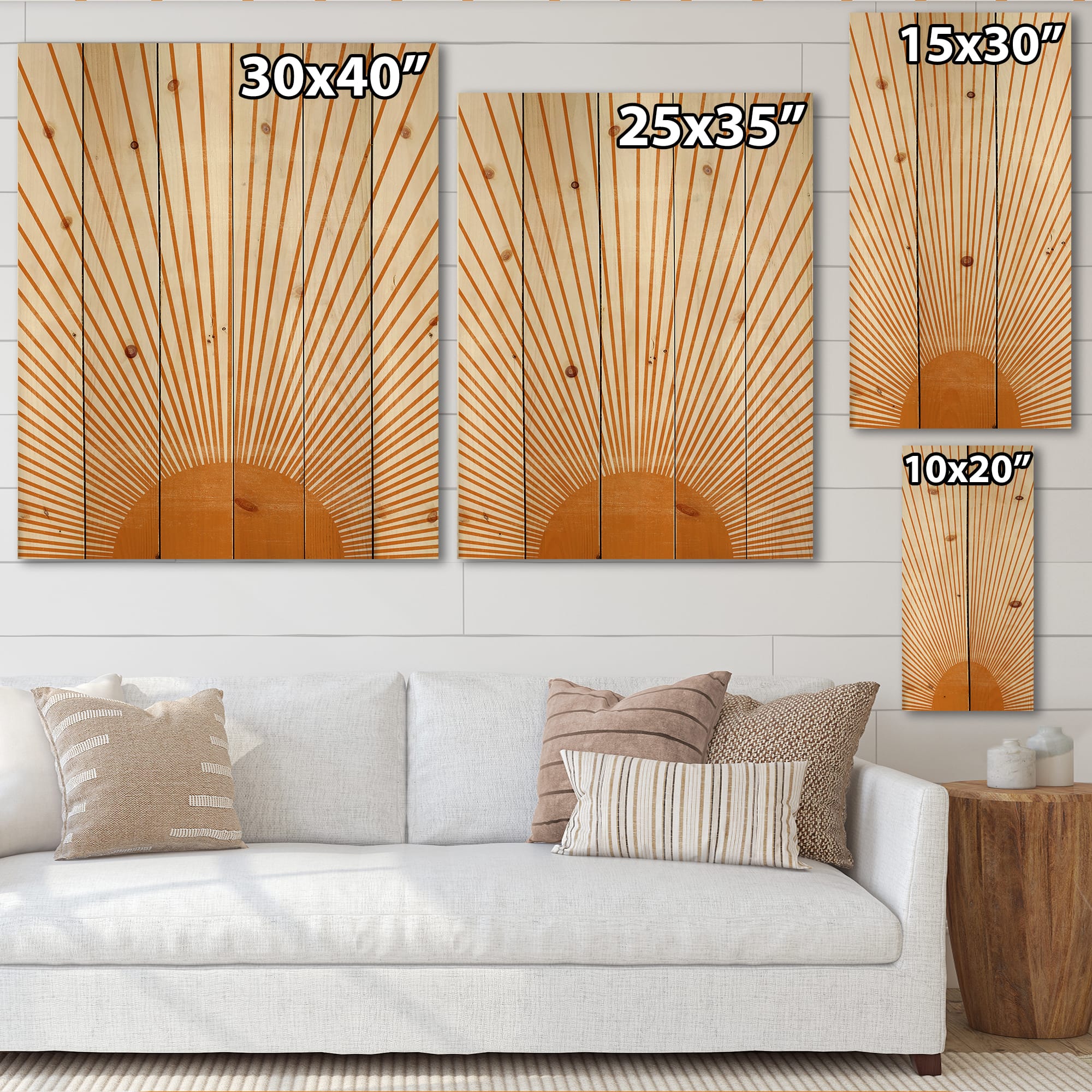 Designart - Orange Sun Print III - Modern Print on Natural Pine Wood