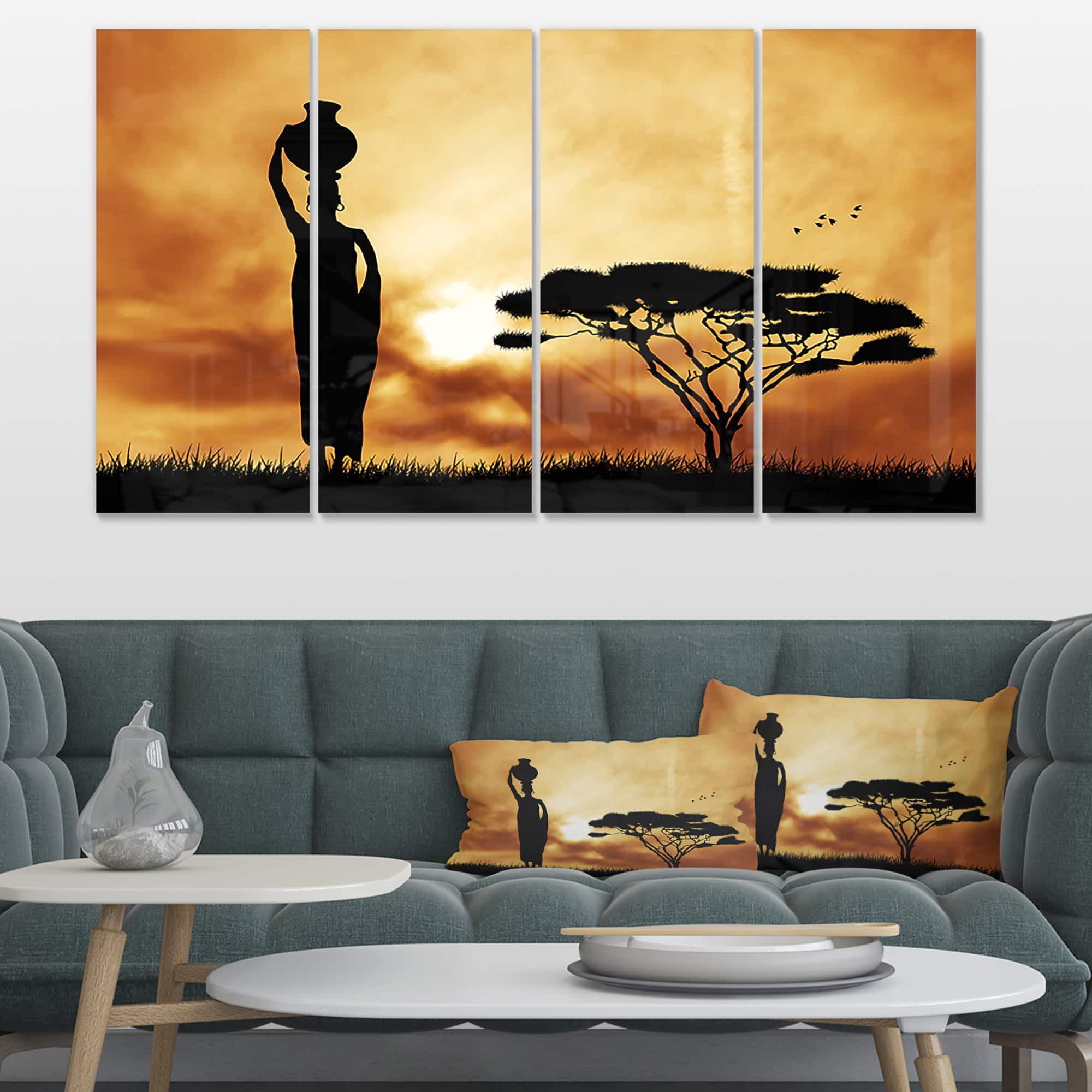 Designart - African Woman and Lonely Tree - African Landscape Canvas Art Print