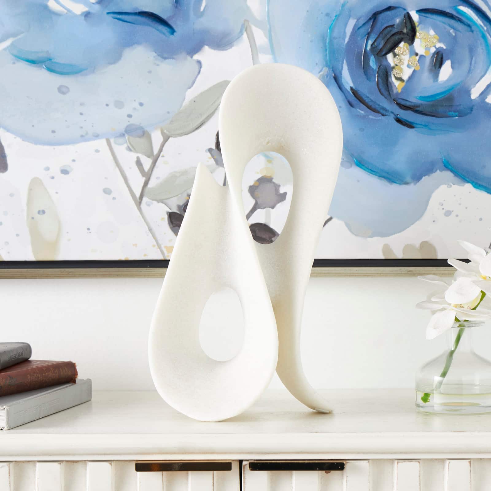 15.5" White Polystone Abstract Wavy Shaped Sculpture with Cutouts and Speckled Texturing